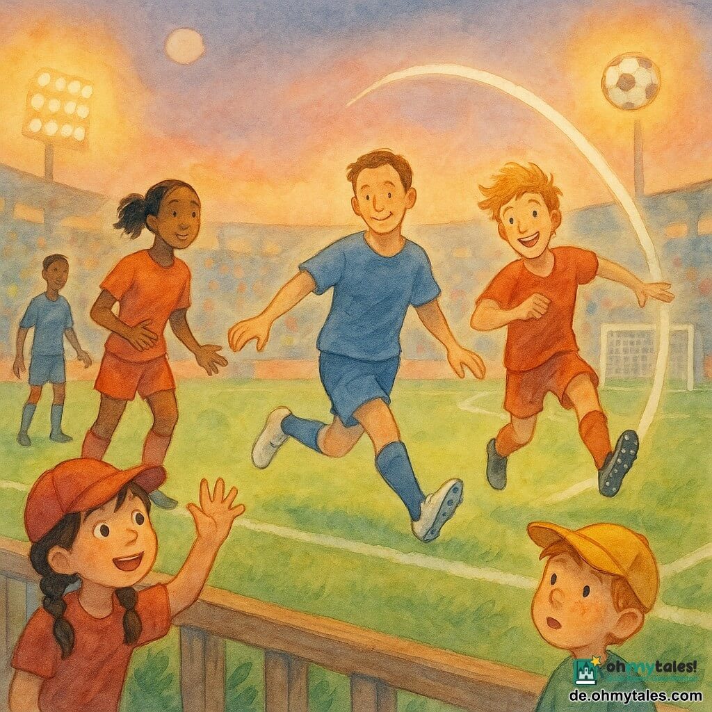 Leon, lächelnd und konzentriert, kurz braune Haare, weiches Gesicht, blaues Trikot und weiße Fußballschuhe, hat gerade die entscheidende Vorlage gespielt und streckt das Bein in einer fließenden Bewegung; Ben (etwa 22), blond und leicht zerzaust, freudig überrascht, schießt gerade, der Ball verlässt sein Fuß; Mira (etwa 20), schwarze zusammengebundene Haare, ermutigender Blick, links bereit zu unterstützen, leicht geöffnete Hände; auf den Rängen ein etwa 9‑jähriges Mädchen mit zwei Zöpfen und roter Kappe winkt begeistert, daneben ein etwa 9‑jähriger Junge mit Sommersprossen und gelber Kappe staunt; Stadion bei Dämmerung: glänzender grüner Rasen, klare weiße Linien, bunte Tribünen mit einigen Zuschauern, warme Flutlichter mit Lichtkegeln, sanfter Himmel mit einer runden Wolke wie ein Ball; Hauptszene: entscheidender Spielmoment, Ballbahn als leuchtender Bogen sichtbar, Freude und Teamgeist deutlich, Bewegungen in fließenden Aquarellstrichen und lasierten Farben, warme kollektive Atmosphäre.