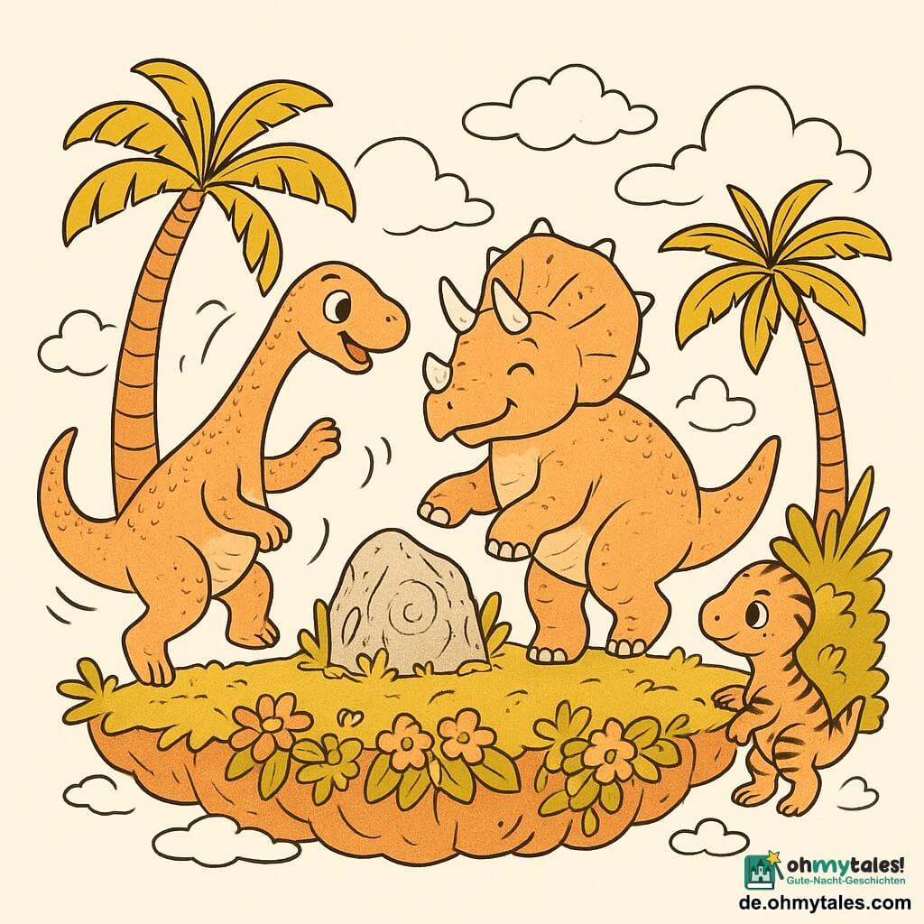 Ein junger fröhlicher Diplodocus mit langem schlankem Hals und schuppiger Haut tanzt auf den Hinterbeinen und schwingt seinen Hals wie einen wehenden Schal, daneben ein weiser, massiger alter Triceratops mit drei kurzen Hörnern und gezacktem Nackenschild, der den Kopf nickt und mit der Pfote den Takt klopft; ein schüchterner kleiner Heterodontosaurus mit Rückenstreifen tritt aus einem blühenden Busch und gesellt sich vorsichtig dazu. Die Szene spielt auf einer schwebenden Insel in weichen Wolken mit breiten Palmen, herabhängenden Blumen und einem großen, glänzenden, mit Lianen bewachsenen Felsen in der Mitte: alle tanzen gemeinsam um einen sanft pulsierenden „Traumstein“, die Stimmung ist festlich und lebhaft, Bewegung und Lachen sichtbar.