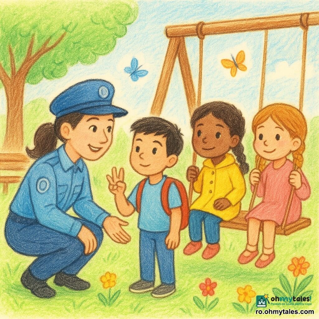 O polițistă zâmbitoare și binevoitoare, ~35 ani, păr brun prins în coadă, uniformă bleu cu insignă rotundă, se gândește ghemuită lângă un leagăn de lemn întinzând mâna să liniștească copiii; în dreapta ei băiatul Radu (~8 ani), păr negru scurt, rucsac roșu, numără pe degete cu expresie mândră și concentrată; două fetițe—una de 7 ani cu palton galben și una de 5 ani cu părul împletit—se leagă timid, câte una de fiecare parte; parc luminos cu peluză verde, flori colorate, copac mare cu frunze verzi, bancă de lemn, raze blânde de soare și câțiva fluturi; atmosferă calmă, prietenoasă și ordonată; stil vizual: tușe moi de creion, contururi ușor texturate, culori vii și pastel, hachuri subtile pentru umbre, zâmbete clare și gesturi de reconciliere.