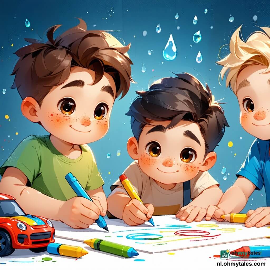 Er zijn 3 personages: - Sam: Een 3-jarig jongetje met rommelig bruin haar en sprankelende ogen. Hij draagt een blauwe t-shirt en een rode short. Hij staat links, met een blauwe kleurpotlood in de hand, klaar om een auto te tekenen. - Luuk: Een 3-jarig jongetje met blond haar en sproeten op zijn gezicht. Hij draagt een groene t-shirt en een beige broek. Hij staat rechts van Sam, gebogen over de tafel, terwijl hij regendruppels tekent met een gele kleurpotlood. - Amir: Een 3-jarig jongetje met zwart haar en een olijfkleurige huid. Hij zit in een kleurrijke rolstoel, in het midden van de scène. Hij draagt een oranje t-shirt en glimlacht blij terwijl hij een weg tekent met een rode kleurpotlood. De situatie speelt zich af in een lichte klaslokaal met pastelgele muren en ramen die zonlicht binnenlaten. Een grote salontafel staat in het midden, bedekt met een groot wit papier, kleurpotloden en kleurrijke stickers. Kinderschilderijen sieren de muren en speelgoed ligt verspreid over de vloer. De hoofd situatie toont de drie jongens die vrolijk samenwerken om samen een groot kunstwerk te creëren. Sam tekent een blauwe auto, Luuk voegt regendruppels toe, en Amir tekent een kronkelige weg, waarbij ze hun ideeën en kleurpotloden delen, wat vriendschap en tolerantie illustreert.