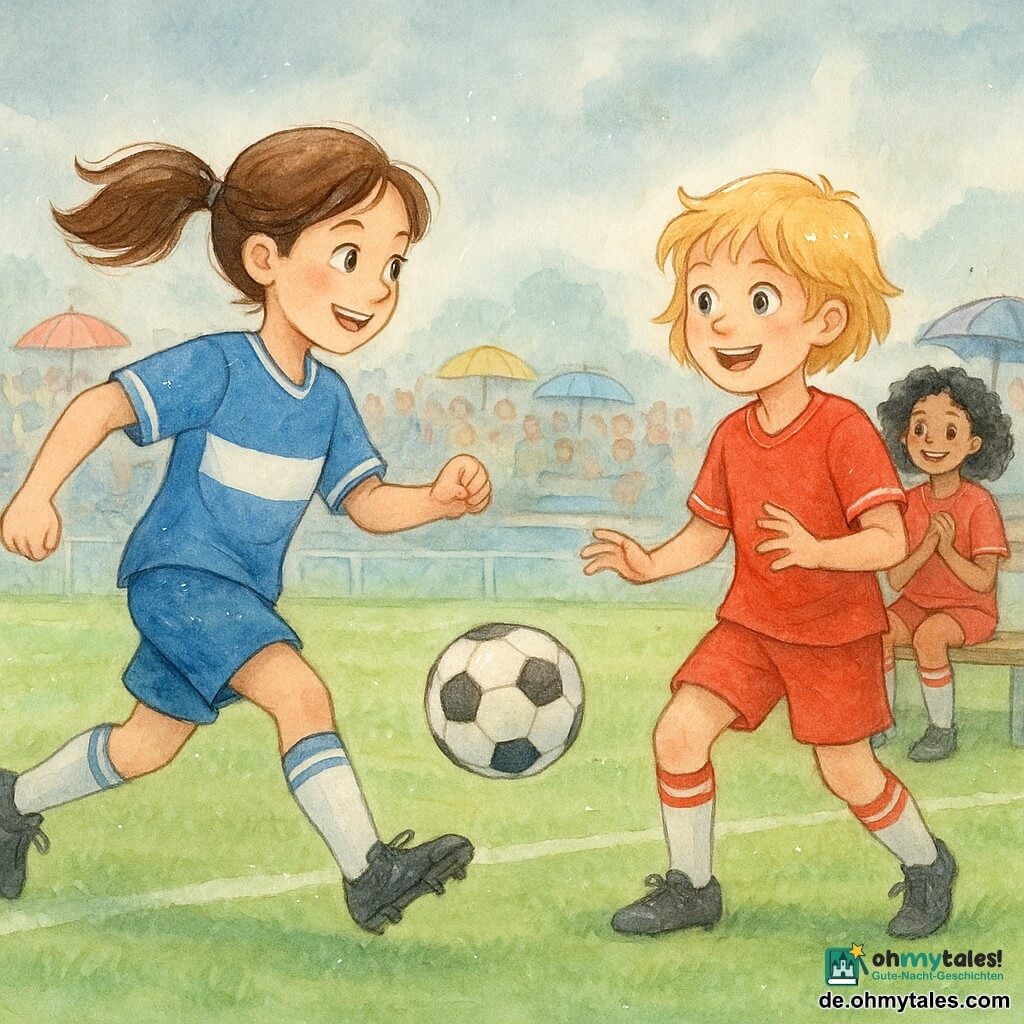 Eine junge Frau, Lina, lächelnd und entschlossen, trägt ein blau-weißes Fußballtrikot, ihr braunes Haar zu einem Pferdeschwanz gebunden. Sie macht einen präzisen Pass auf einem Fußballfeld. Neben ihr steht ein 10-jähriges Mädchen, Maya, mit kurzen blonden Haaren und einem roten Trikot, bereit, den Ball zu empfangen, die Augen voller Begeisterung. Im Hintergrund sitzt Sara, ein 11-jähriges Mädchen mit lockigen schwarzen Haaren, auf der Ersatzbank und applaudiert ihren Mitspielerinnen mit einem ermutigenden Lächeln. Das Fußballfeld ist grün, leicht feucht vom Regen, mit klar markierten weißen Linien und Tribünen voller fröhlicher Zuschauer unter bunten Regenschirmen. Die Hauptszene zeigt Lina und Maya in Aktion und fängt den Teamgeist und die Kameradschaft auf einem Fußballfeld an einem bewölkten, aber lebhaften Tag ein.