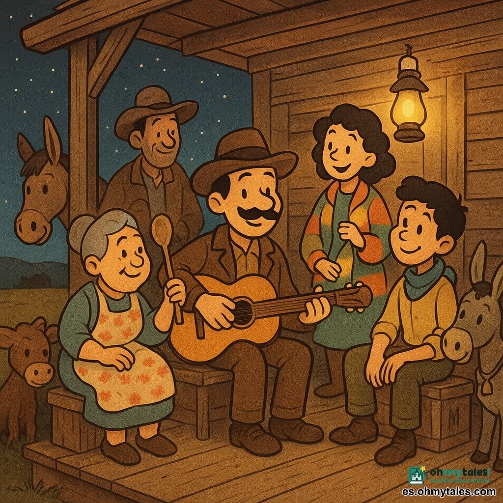 Hombre principal: Tomás, adulto, bigote, sombrero de fieltro marrón, chaqueta de cuero gastada, sentado en el porche de madera con una guitarra, mirada serena y sonriente; Mujer secundaria: Doña Clara, de mediana edad, pequeña y redonda, cabello gris en moño, delantal floreado, con una cuchara grande, sentada a la izquierda; Mujer secundaria: Lila, viajera de unos 25 años, abrigo colorido, botella de limonada, cabello rizado, marcando el ritmo, junto a la lámpara; Hombre secundario: Nube, adolescente de ~18 años, pañuelo azul, pantalón de lona, marcando el tempo con el pie desde una caja a la derecha; Otros: Mateo y Julián, viajeros adultos con ropas gastadas, algo atrás cantando; Animales: caballo Chispa apoyado en la baranda, burro Trueno pequeño con campana, un ternero curioso en la sombra del granero; Lugar: viejo porche de madera con lámpara de aceite, pacas de heno y cielo nocturno estrellado; Situación: escena cálida y comunitaria al crepúsculo, estilo cartoon retro de contornos suaves, gente cantando junta tras la tormenta.