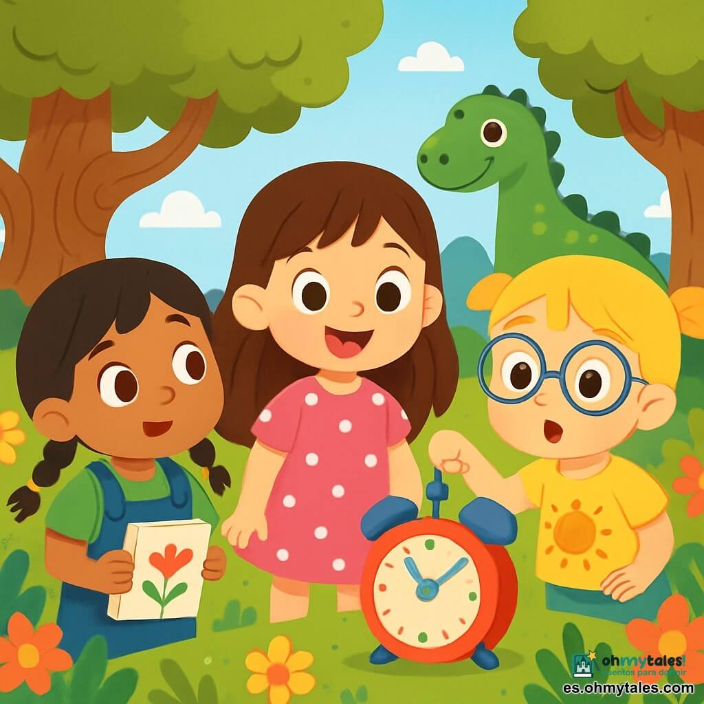 Hay 3 personajes: - Sofía: una niña de 3 años con cabello largo castaño y ojos brillantes. Lleva un vestido rosa con lunares blancos y tiene una gran sonrisa en su rostro. Está en el centro, mirando el objeto misterioso. - Lucía: una niña de 3 años con cabello rubio en dos coletas y gafas redondas. Lleva una camiseta amarilla con un dibujo de sol y está tocando el botón azul del despertador, con los ojos muy abiertos. - Martina: una niña de 3 años con cabello negro y trenzas. Lleva un overol de mezclilla y una camiseta verde. Está a la izquierda, sosteniendo un pequeño cuaderno de dibujos y observando el paisaje con curiosidad. El lugar es un jardín encantado, lleno de flores coloridas, grandes árboles con troncos retorcidos y un cielo azul brillante. Al fondo, hay un dinosaurio verde con escamas brillantes cerca de un árbol, mirando a los niños con una expresión amigable. La situación principal muestra a las tres amigas descubriendo un viejo despertador mágico que las ha transportado en el tiempo, rodeadas de la belleza salvaje y fascinante de este mundo prehistórico.