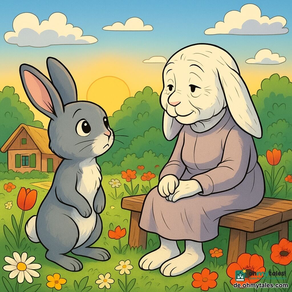Ein kleiner grauer Hase mit leuchtenden, neugierigen Augen namens Lilli steht auf seinen Hinterbeinen, besorgt und nachdenklich, mit seinen großen aufrechten Ohren und seinem weichen, flauschigen Fell. Sie schaut ihre Großmutter an, eine alte weiße Häsin mit einem sanften, lächelnden Gesicht, die auf einer alten Holzbank sitzt, mit Falten, die Geschichten erzählen, und einem warmen, aber müden Blick. Der Garten ist voller bunter Blumen, mit roten Tulpen, weißen Gänseblümchen und leuchtenden Mohnblumen, unter einem hellblauen Himmel mit fluffigen Wolken. Im Hintergrund steht ein kleines Holzhaus mit grünen Fensterläden und einem Reetdach friedlich da. Lilli und ihre Großmutter teilen einen zärtlichen Moment, umgeben von der Schönheit des Gartens, während die Sonne langsam am Horizont untergeht und sanfte, goldene Schatten auf den Boden wirft.