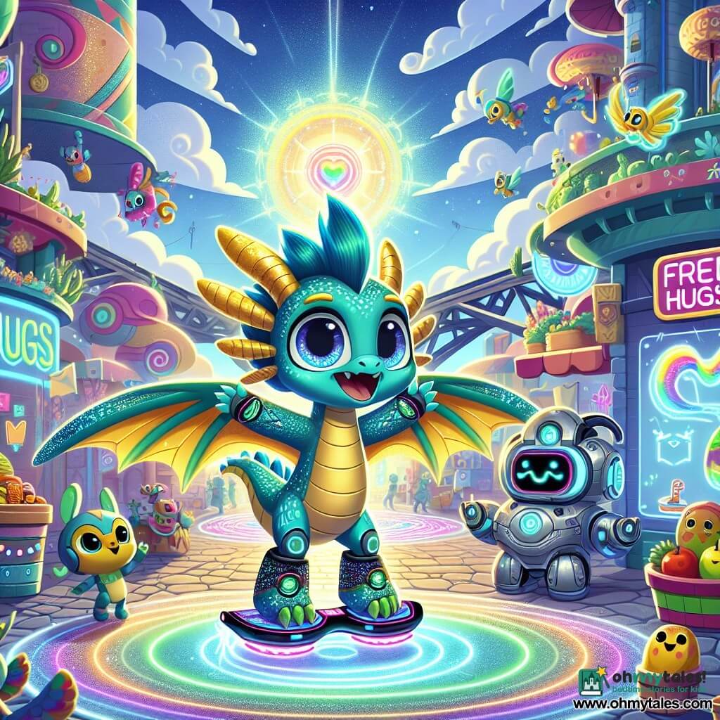 Lumi, a young dragon with shimmering teal and gold scales, stands on his hoverboard, eyes sparkling with excitement and a wide smile on his face. His outstretched wings catch the sunlight, creating a rainbow around him. Nearby, a friendly robot with round eyes and a silver metal body twirls joyfully, holding a glowing sign that says "Free Hugs!" next to a singing fruit stand. The setting is Tech Plaza, a vibrant futuristic market filled with colorful stalls, hanging gardens, and floating holographic panels. Fluffy clouds surround the scene, and glowing bridges connect different parts of the city in a bright blue sky. Intrigued by a mysterious signal on his tech compass, Lumi prepares to fly off on a new adventure, seeking to uncover the source of this intriguing message.