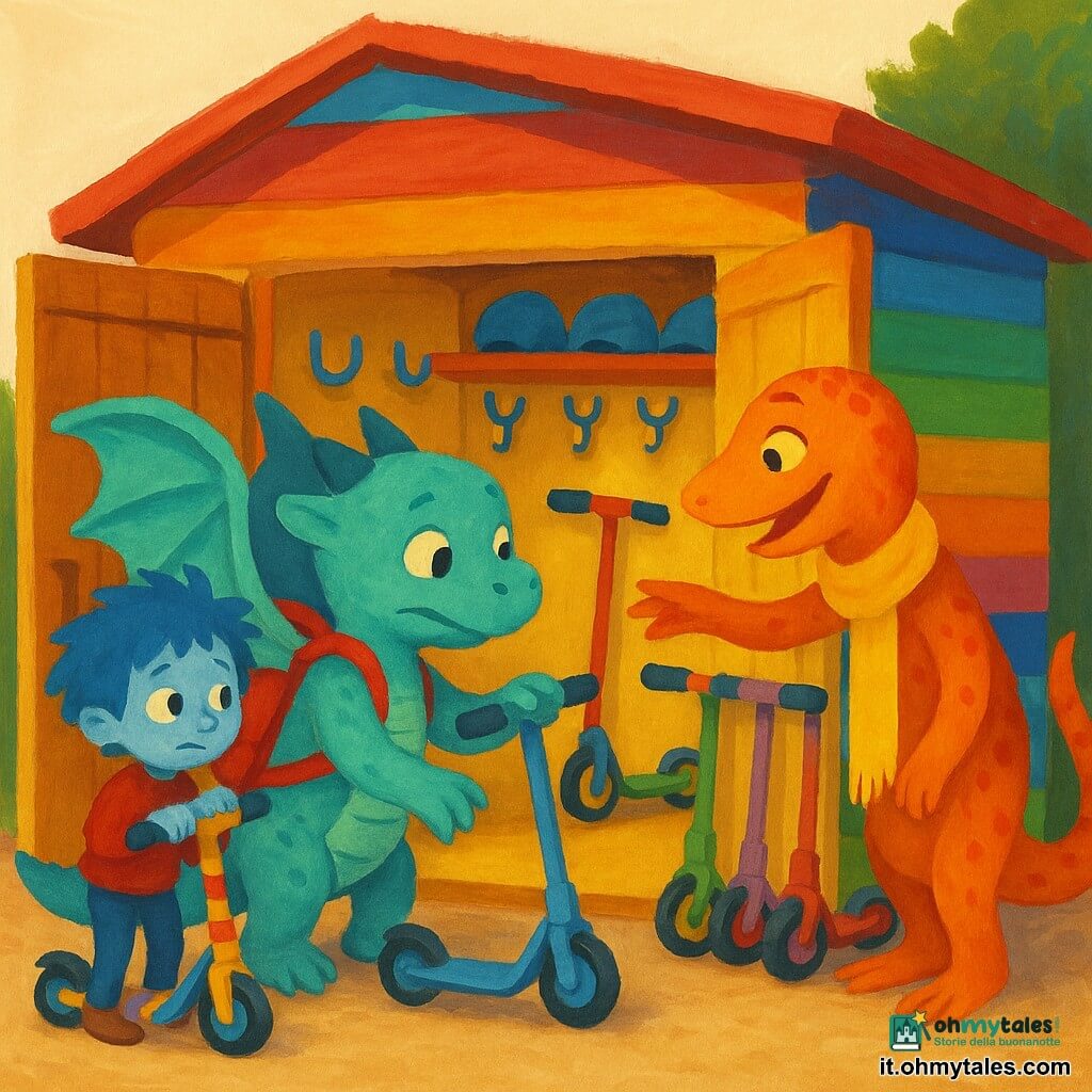 Lumo, un piccolo drago turchese dalle grandi ali goffe, espressione timida ma determinata, porta uno zainetto rosso brillante e ripone delicatamente un monopattino blu in un ricovero dipinto a arcobaleno; Sisi, una salamandra dalla pelle arancione e una lunga sciarpa gialla, sorride e indica dove lasciare i monopattini, accanto a Lumo e leggermente inclinata verso di lui; Arco, un folletto blu dai capelli scompigliati, imbarazzato ma riconoscente, tiene il suo monopattino a righe dietro Lumo pronto ad aiutare; il ricovero è un piccolo capanno di legno colorato con ganci a misura di bambino, scaffali per caschi e una fila di monopattini dalle ruote lucide; scena: mattina del rientro, bambini fantastici che si aiutano a riporre i monopattini, luce mattutina soffusa, atmosfera calda e ordinata, tratti gouache visibili, texture di pennello, colori saturi e contorni leggermente sfocati.