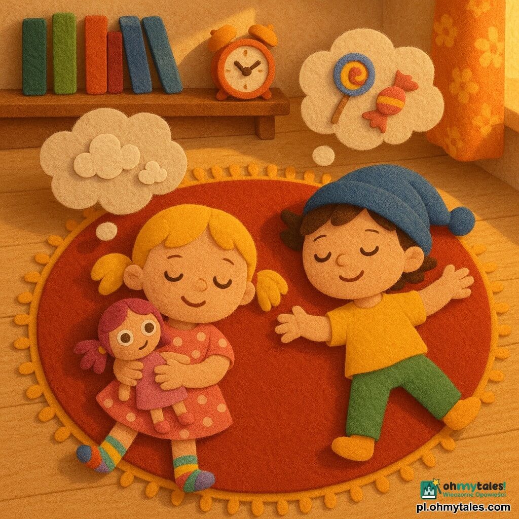 Są trzy postacie: Zosia, 4 lata, blond w kucykach, różowa sukienka w białe kropki, kolorowe skarpetki, siedzi na środku magicznego dywanu, trzyma w rękach lalkę i uśmiecha się z zamkniętymi oczami; Ania, 4 lata, brązowe krótkie włosy, mały niebieski kapelusz opadający na oczy, żółty t-shirt i zielone spodnie, siedzi po prawej i udaje, że macha skrzydłami; szmaciana lalka mała, jasnoróżowa sukienka, duże haftowane białe oczy z czarnymi rzęsami, leży na kolanach Zosi i lekko pochylona w stronę Ani. Miejsce: pokój dziecięcy w zbliżeniu, jasna drewniana podłoga, czerwony okrągły pluszowy dywan z złotymi frędzlami w centrum, niskie półki z kolorowymi książkami i małym pomarańczowym budzikiem, ciepłe światło zachodu słońca wpadające przez okno z kwiatową zasłoną. Sytuacja: obie dziewczynki śpią spokojnie obok siebie na lekko unoszącym się filcowym magicznym dywanie w paski z haftowanymi gwiazdkami, atmosfera spokojna i zabawna — kapelusz Ani opada na oczy, lalka się uśmiecha, małe filcowe bąbelki snu pokazują białe chmury i cukierki.