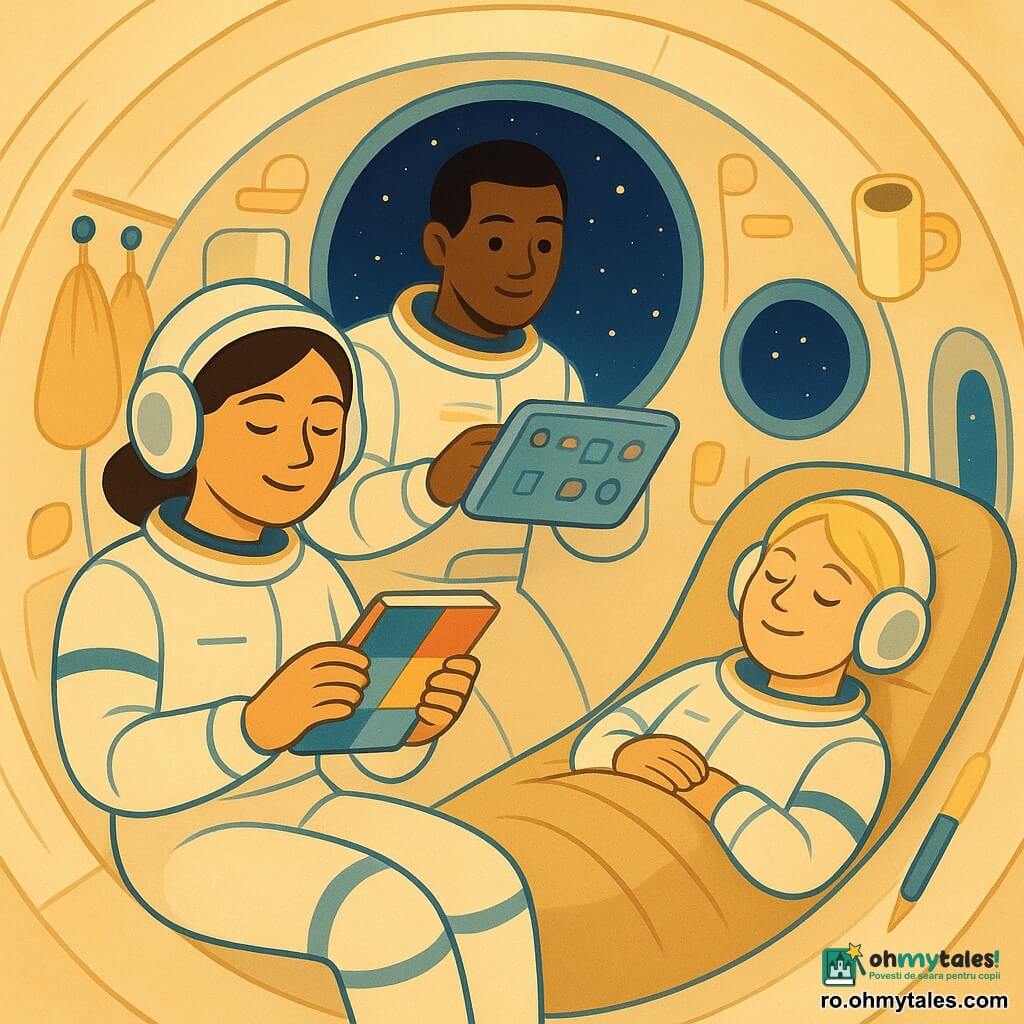 O astronaută liniștită și zâmbitoare, Maria, cu părul castaniu prins sub o bonetă moale, în costum spațial alb cu dungi albastre, plutind semi-șezând și ținând un mic carnet colorat și căști pufoase; prietena ei Ana, ~30 de ani, păr blond scurt, în același costum, somnoroasă și zâmbitoare într-un sac de dormit fixat pe peretele din dreapta; un tânăr astronaut, ~28 de ani, păr negru, în spatele lor, prins de o tabletă plutitoare și reglând butoane, privind-o afectuos pe Maria; interiorul stației, rotund ca o bulă, pereți crem și bleu-palid, panouri cu lumini blânde, cârlige cu saci și ferestre circulare mari care arată cerul înstelat și curbura albastră a Pământului; atmosferă caldă și calmă, lumină difuză, obiecte plutitoare ușoare (un pix, o cană fixată), texturi moi și forme rotunjite, paletă pastel cu accente aurii art-deco.