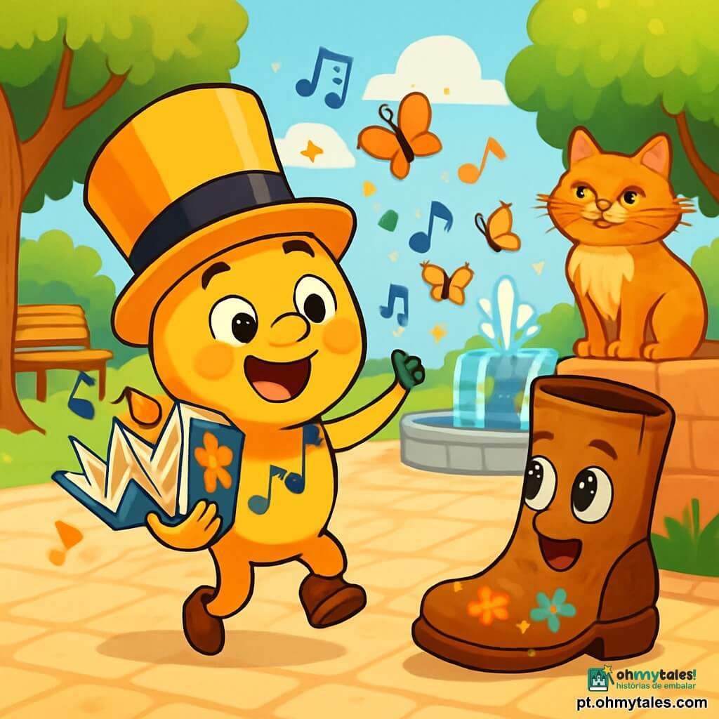 Um pequeno guarda-chuva amarelo, alegre e curioso, dança em suas patinhas enquanto canta, com um grande sorriso e olhos brilhantes. Ele segura um caderninho zigzagueante debaixo do braço, suas páginas rodopiando como borboletas coloridas. Ao seu lado, uma bota velha e desgastada, com flores pintadas no couro, observa o caderninho com olhos brilhantes de excitação, pronta para compartilhar histórias. Um gato sonhador, com pelos sedosos e olhos dourados, está em um muro próximo, observando a cena com um olhar travesso e um leve sorriso. A cena acontece em uma charmosa praça de vila, cercada por árvores de folhas vibrantes, bancos de madeira e uma fonte borbulhante no centro, onde gotas d'água brilham sob o sol. O guarda-chuva e seus amigos se preparam para uma aventura, buscando o proprietário do caderninho, enquanto notas musicais escapam do caderninho e se transformam em pequenas estrelas dançantes ao seu redor.