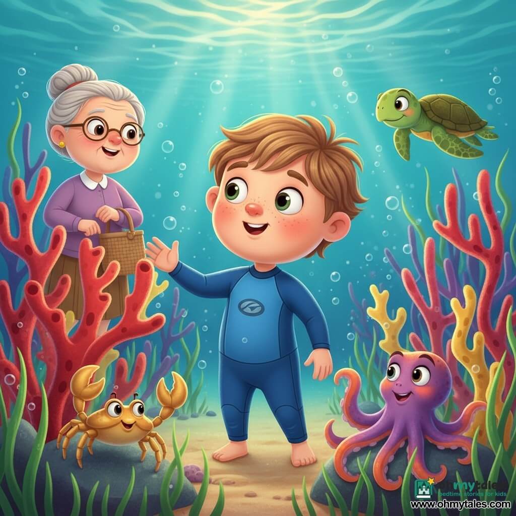 A 6-year-old boy, moved and amazed, round face with freckles and tousled light brown hair, wearing a small blue wetsuit, gazes with bright wide eyes and gently reaches toward a large red gorgonian. A smiling, kind grandmother in her 70s with gray hair in a bun stands on the shore in the background, watching the sea proudly and holding a wicker bag. A curious octopus in purple and orange near the boy extends three arms in a friendly gesture by a rock. A golden crab stands calmly on a stone to the left with open claws. A peaceful sea turtle swims in the background to the right, with a broad silhouette and textured green shell. The setting is an underwater forest of tall, thin gorgonians in vivid reds, yellows, and purples, with waving sea grasses, small glowing bubbles, and rays of sunlight piercing turquoise water. The scene shows the boy discovering the gorgonian forest, with a gentle, magical mood, a colorful palette and strong contrasts, warm filtered lighting, and a clear, child-friendly centered composition.