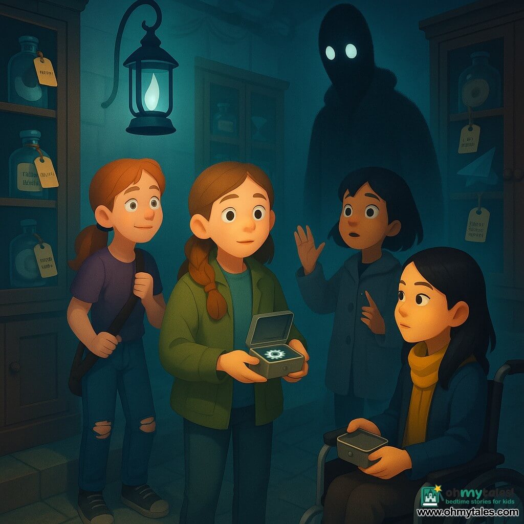 There are four girls, all about 12: Juniper (June), light chestnut hair in a braid, curious eyes, olive jacket, standing center-front and holding a small open metal box with a tiny shiny gear tooth; Lila, fair with freckles and a red ponytail, nervous smile and ripped jeans, standing left of June gripping a railing; Mae, darker skin and short black hair, attentive gaze and plain gray coat, right of June with a hand raised toward the ceiling mechanism; and Saffron (Saff), Asian, straight black hair, seated in a modern wheelchair with a yellow scarf in the right foreground, gripping the small metal case with a determined posture. The setting is a large underground room of dark wooden display cabinets and dusty glass compartments, each holding oddities with kraft labels on string, lit chiefly by a black-flame lantern casting blue-green reflections, with worn tiled floor, wooden steps and cold, humid mist. The four face the Night-Collector, a tall shadowy coat figure with pale pearl-like eyes beside an open display; June extends the box with the gear tooth, the black lamp throwing long graphic shadows and a stark contrast between the warm faces of the girls and the creature’s cold blue surroundings.