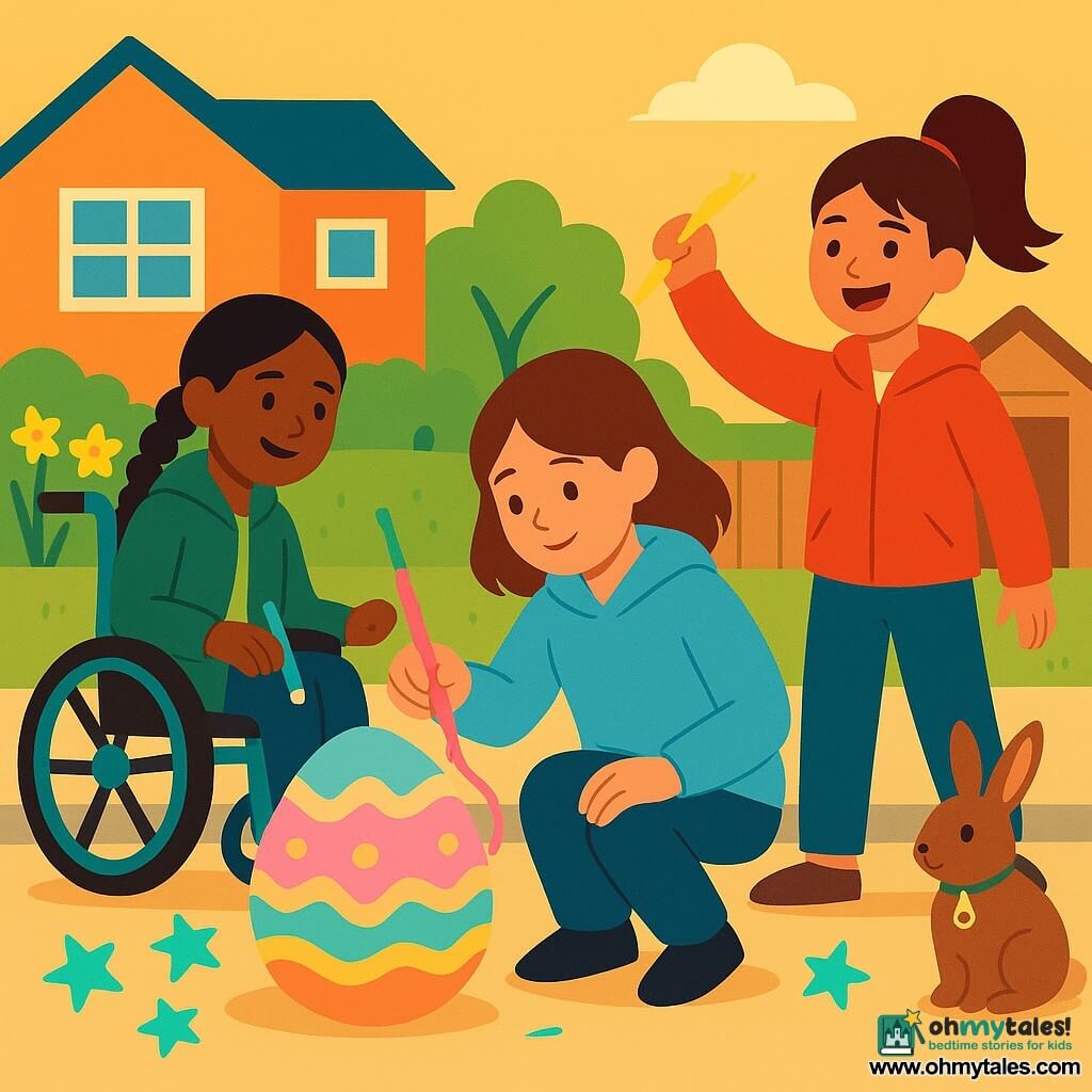 Three girls, about 12: Maya, brown mid-length hair, light blue hoodie, crouched center holding a glowing pink brush and looking at a large painted Easter egg on the concrete sidewalk; Zoe, dark hair in a ponytail, bright red jacket, standing right and joyfully gesturing with a yellow brush leaving luminous strokes; Alina, black braided hair, green jacket, seated in a wheelchair slightly left, painting turquoise stars around the egg with a teal brush and smiling at her friends. They are in a sunny suburban front yard on a wide sidewalk turned into bright chalk art, with small houses, a bed of yellow daffodils and a light wooden garden gate and shed in the background; a small brown rabbit with a grassy collar and key charm sits near the gate watching calmly, magical brushes float and the paint emits a soft glow, springtime golden light, soft shadows, bold poster-like shapes and clear contrasts.