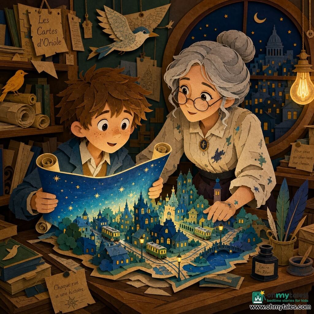 A 10-year-old boy with a round freckled face, messy brown hair, and a shy, amazed smile holds a large parchment glowing with soft blue light, his fingers on its starry edge; behind a wooden desk Madame Oriole, an adult cartographer with silver hair in a bun, round glasses and an ink-stained smock, leans toward him with a warm, sparkling-eyed expression. On the table a miniature animated map floats—streets, tiny trams and moving roofs in saturated blues, emerald greens and warm yellow lamplight. The cozy paper-cut workshop has shelves of scrolls, maps hung like birds, a round window looking out over nighttime rooftops and filament lamps; the map’s light illuminates their faces and casts cut-paper shadows on the wooden floor.