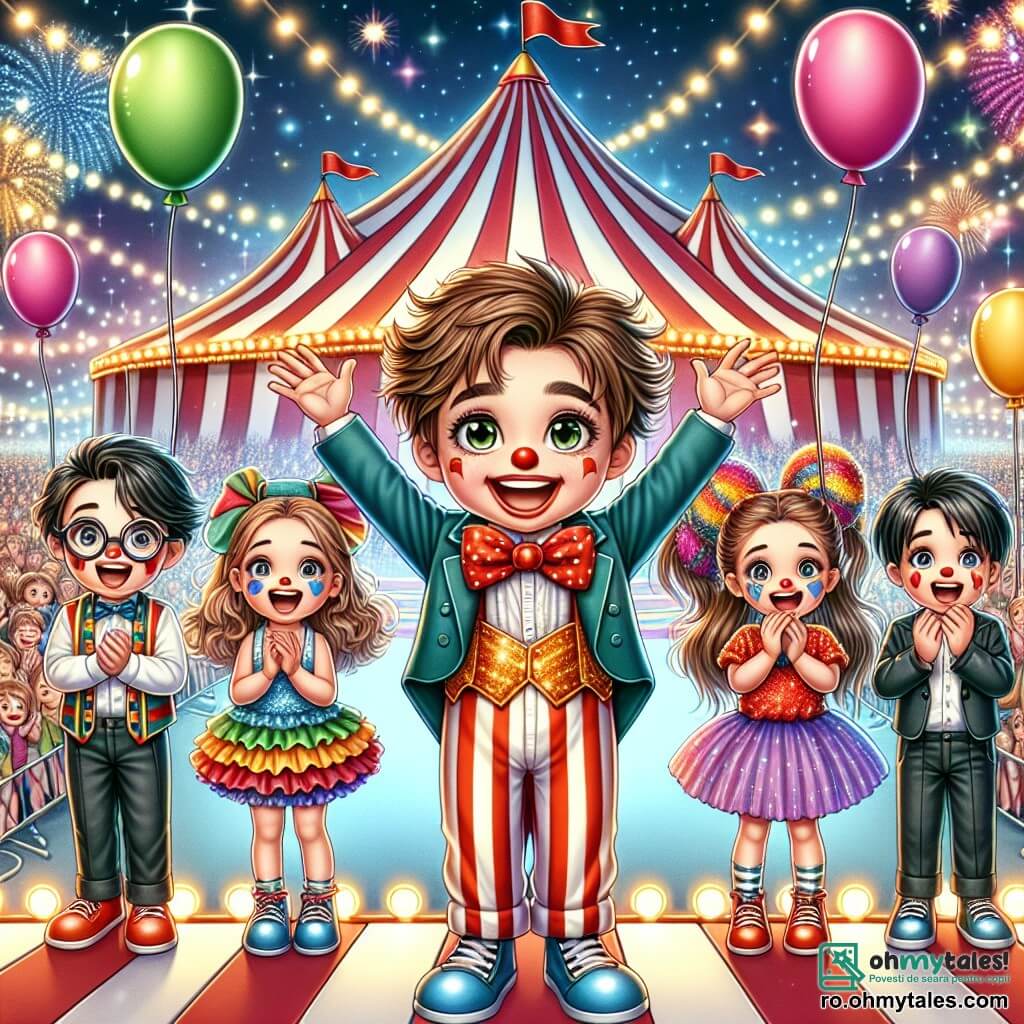 În centrul imaginii, Andrei, un băiat de zece ani cu părul castaniu și un zâmbet mare, poartă un costum de clown colorat cu o cravată roșie și pantofi uriași. La dreapta lui, Raluca, o fetiță de nouă ani cu părul lung și blond, poartă o pălărie de clown și râde încurajându-l. La stânga, Mihai, un băiat de zece ani cu părul negru și ochelari, ține baloane colorate și aplaudă entuziast. Daria, o fetiță de opt ani cu împletituri brune, stă în spatele lor cu brațele ridicate, pregătită să-i susțină. Decorul este un circ vibrant, plin de lumini strălucitoare și culori vii, cu o mare cortină în fundal, înconjurată de spectatori uimiți. Cerul nocturn este plin de stele, iar artificiile iluminează scena. Situația principală îl arată pe Andrei, stând în centrul scenei, jonglând cu bile colorate, în timp ce un mare cerc de foc strălucește în jurul lui. Prietenii îl încurajează cu zâmbete și strigăte de bucurie, creând o atmosferă magică și festivă.