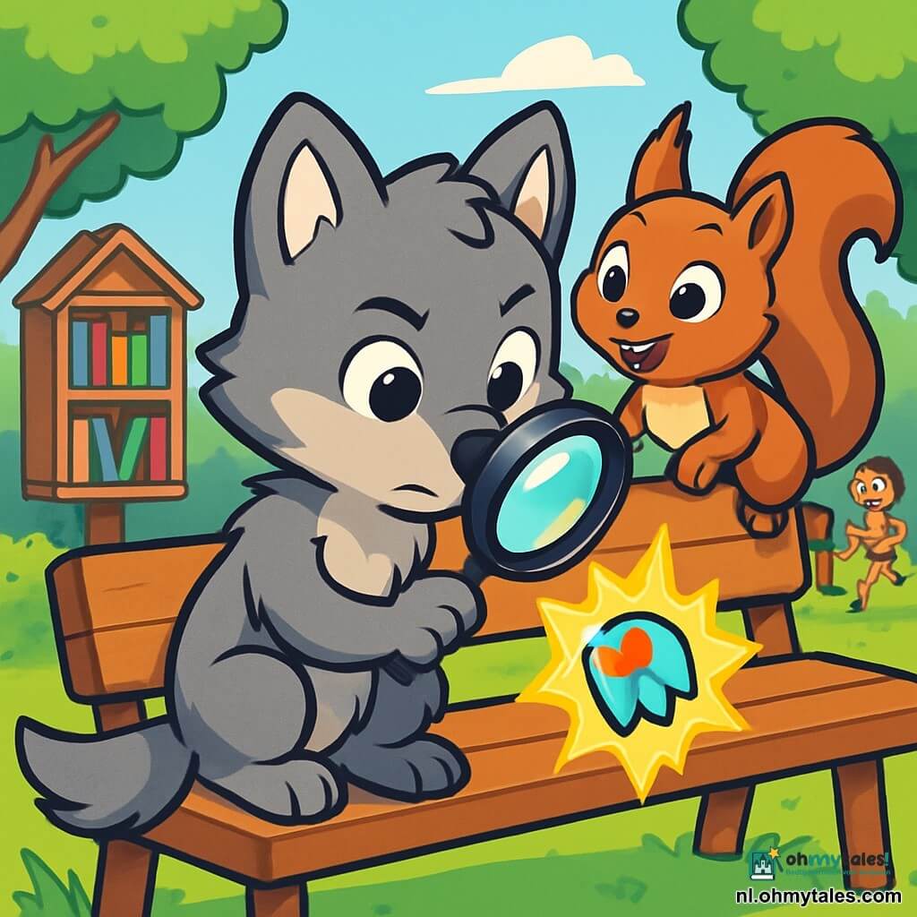 Wolfje, een kleine wolf met sprankelende ogen en een zachte grijze vacht, zit op een houten bank, nieuwsgierig en vastberaden. Hij houdt een vergrootglas in een poot en bestudeert aandachtig een mysterieuze glanzende sticker met het woord "PISTE" in kleurrijke letters. Naast hem kijkt Evi, een eekhoorn met een rossige vacht en een pluizige staart, opgewonden toe, haar ronde ogen stralend van nieuwsgierigheid. Ze zit op de leuning van de bank, klaar om te springen en te verkennen. Op de achtergrond is er een kleine houten bibliotheek met kleurrijke boeken, omringd door bomen met heldergroene bladeren en een heldere blauwe lucht, wat een vrolijke en uitnodigende sfeer creëert. De scène toont Wolfje en Evi die een onderzoek doen naar aanwijzingen om een mysterie op te lossen, terwijl kinderen vrolijk om hen heen spelen, wat een levendige sfeer aan dit boeiende avontuur toevoegt.