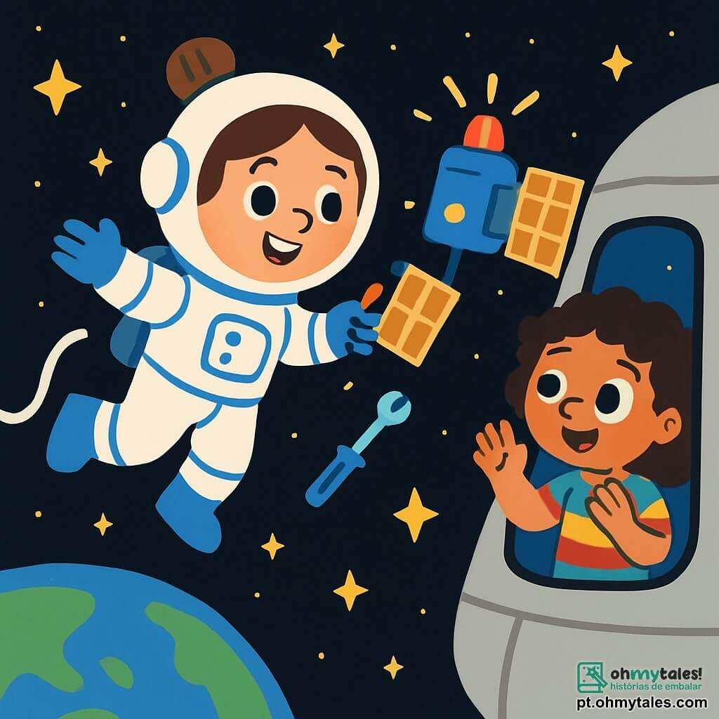 Uma astronauta sorridente, Ana, uma mulher de cabelos castanhos presos em um coque, veste um traje espacial branco e azul, flutuando no espaço com estrelas brilhantes ao seu redor. Seus olhos brilham de excitação e curiosidade enquanto trabalha em um satélite que emite luzes piscantes. Perto dela, uma menina de 8 anos, Bia, com cabelos cacheados e um vestido colorido, observa maravilhada pela janela da nave espacial, com as mãos apoiadas no vidro, fascinada pela cena. Ao fundo, um vasto espaço negro pontilhado de estrelas cintilantes e uma Terra azul e verde embaixo, criando um contraste impressionante. A cena principal mostra Ana consertando o satélite, com ferramentas flutuando ao redor, enquanto Bia admira a beleza do cosmos, cheia de admiração e vontade de explorar.