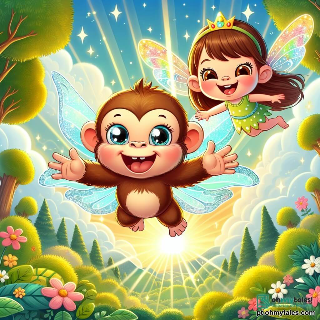 Um macaco alegre chamado Léo, com pelagem marrom e olhos brilhantes, está voando no ar, com os braços abertos e um grande sorriso no rosto, cercado por um brilho mágico. Ao lado dele, uma linda fada com asas cintilantes e um vestido colorido sorri e o encoraja a explorar o céu. Abaixo, uma floresta exuberante com árvores verdes, flores coloridas e raios de sol filtrando pelas folhas cria uma atmosfera encantada. A cena mostra Léo em pleno voo, descobrindo a magia da amizade e da aventura, enquanto a fada o acompanha nessa experiência incrível.
