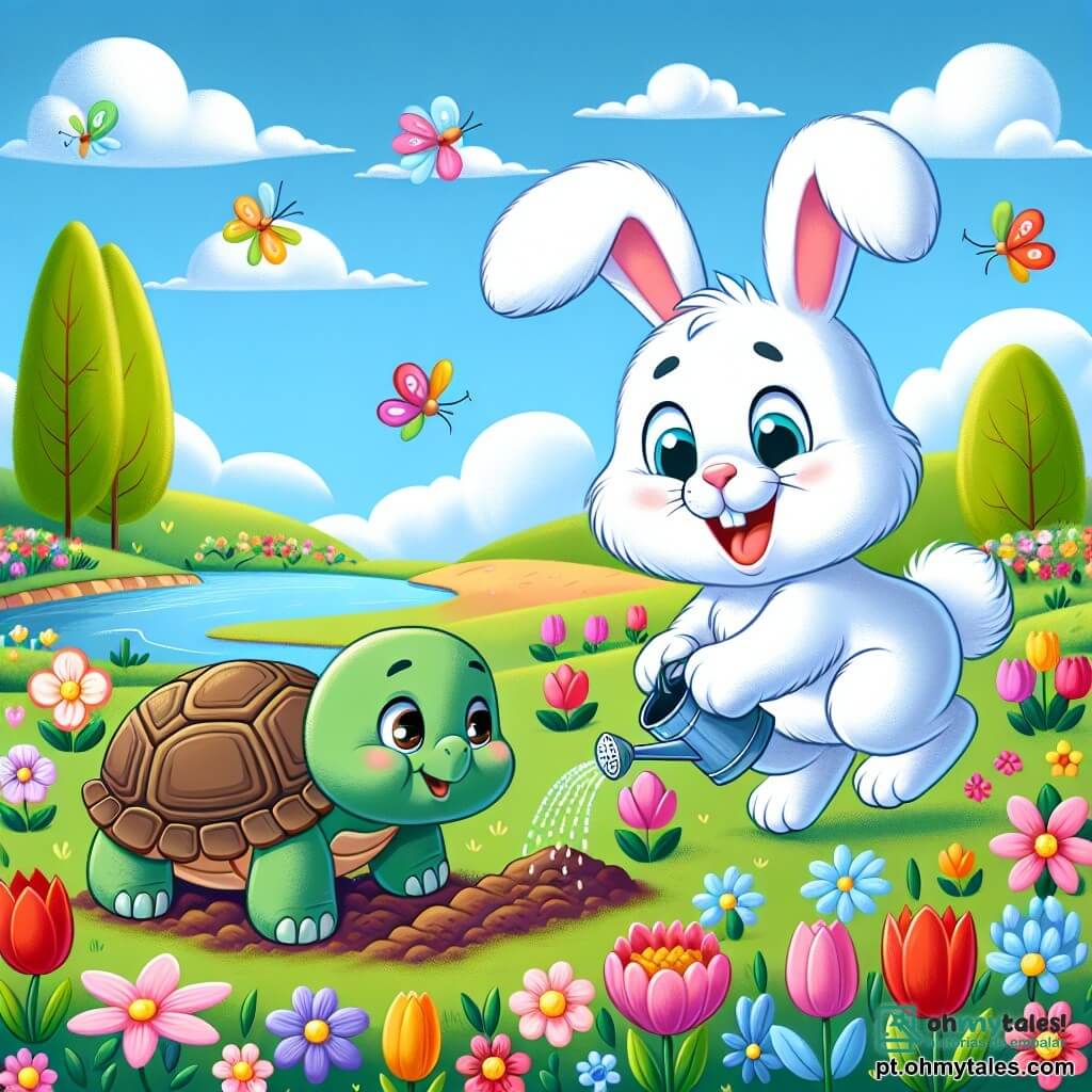 Um coelhinho chamado Léo, com grandes orelhas e pelagem branca, está alegre e sorridente, pulando em um jardim colorido cheio de flores vibrantes. Ao lado dele, uma tartaruga chamada Tita, com uma carapaça verde e olhos brilhantes, observa maravilhada as flores que começam a brotar, movendo-se lentamente pela grama. Ao fundo, um céu azul claro ilumina a cena, enquanto árvores com folhas verdes dançam suavemente na brisa da primavera. Léo e Tita estão cercados por terra frescamente arada, onde sementes coloridas estão plantadas, e se preparam para regar o jardim juntos, cheios de empolgação e amizade.