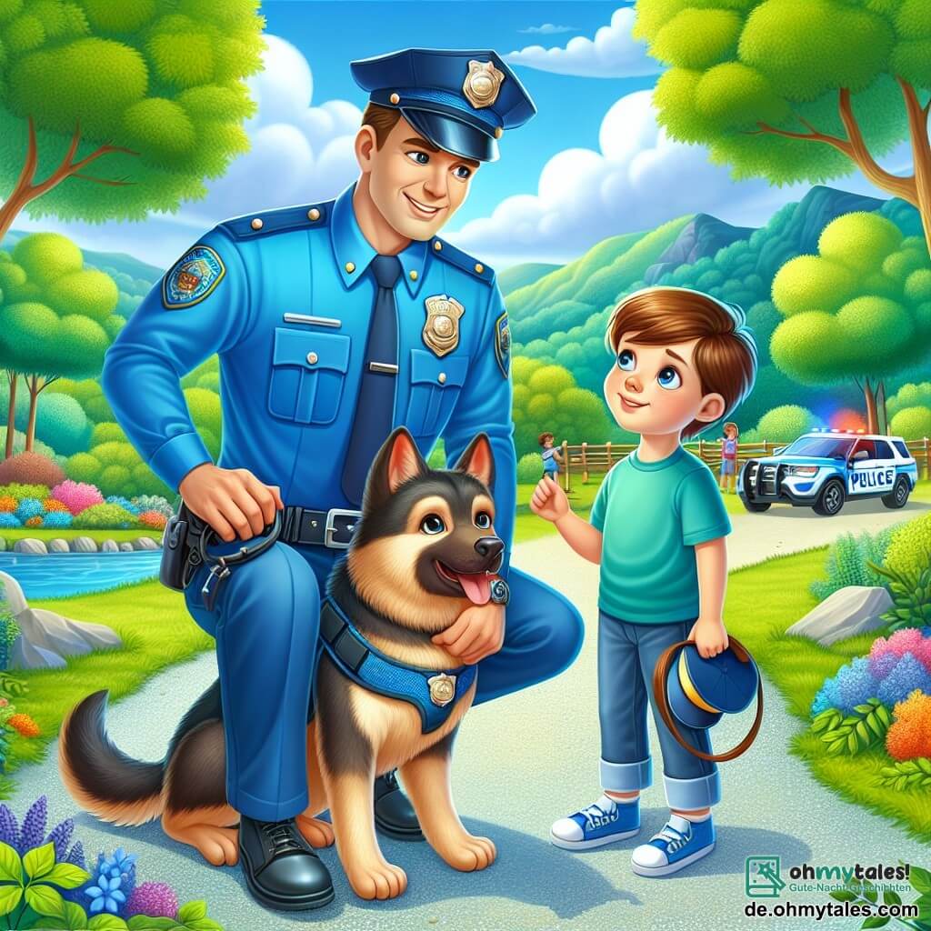 Ein Polizist, etwa dreißig Jahre alt, in einer leuchtend blauen Uniform mit einem glänzenden Abzeichen auf der Brust, steht mit einem warmen Lächeln im Gesicht da und zeigt Stolz und Entschlossenheit. Er streichelt seinen Polizeihund, einen lebhaften und liebevollen Deutschen Schäferhund, der bereit zu einem Abenteuer scheint. Neben ihm steht ein 8-jähriger Junge in einem blauen T-Shirt mit zerzausten braunen Haaren, der den Polizisten bewundernd mit weit aufgerissenen Augen ansieht. Er hält ein kleines Polizeiauto-Spielzeug in den Händen, das seinen Traum symbolisiert, eines Tages Polizist zu werden. Die Szene spielt in einem grünen Park mit majestätischen Bäumen, bunten Blumen und einem Kiesweg, der durch die Landschaft führt. In der Ferne spielt eine Gruppe von Kindern fröhlich auf einem Spielplatz. Die Hauptsituation zeigt den Polizisten, der den Kindern die Bedeutung seiner Arbeit erklärt, während er seinen Hund an der Leine hält, bereit, nach einem verlorenen Kind zu suchen, und eine Atmosphäre von Aufregung und Lernen schafft.