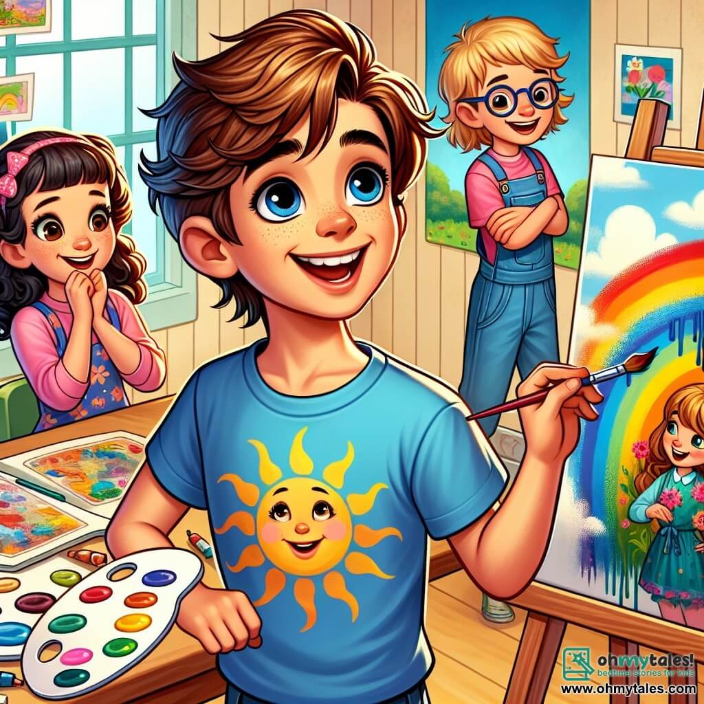 A 10-year-old boy, Ethan, stands in the center of the image with a big smile on his face. He has brown hair, sparkling eyes full of curiosity, and is wearing a blue t-shirt with a sun pattern. He is painting on a canvas, his hands slightly stained with colorful paint, showing his enthusiasm and creativity. To his right, Lily, a 9-year-old girl with curly hair in a pink dress, admires Ethan's painting with wonder. She holds a paint palette, ready to join in. On the left, Sam, a 10-year-old boy with glasses and a green t-shirt, laughs while holding a brush, ready to make a joke about the bright colors Ethan is using. The scene takes place in a bright classroom filled with colorful posters on the walls, wooden tables where other students are also painting, and a large window letting in sunlight, creating a joyful atmosphere. The main situation shows Ethan, surrounded by his friends, creating artwork for the school exhibition, illustrating the joy of discovery and friendship through art.