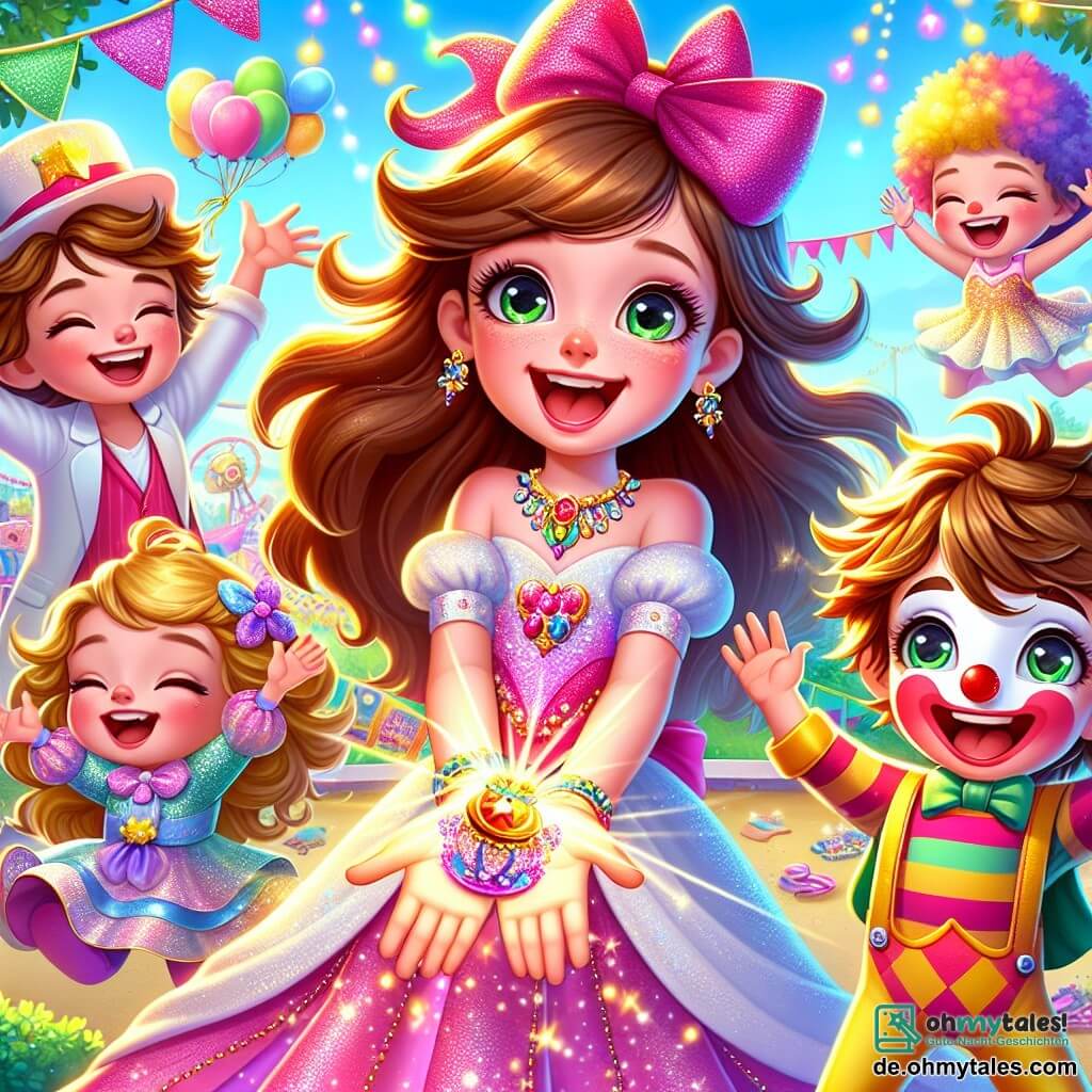 Clara, ein 11-jähriges Mädchen mit langen braunen Haaren und einer großen rosa Schleife, steht im Mittelpunkt des Bildes. Sie trägt ein buntes Prinzessinnenkostüm mit glitzernden Pailletten und strahlt vor Aufregung und Freude. In ihren Händen hält sie einen kleinen funkelnden Schatz und lächelt strahlend. Neben ihr springt Max, ein 10-jähriger Junge mit einer roten Clownsnase und einem Clownkostüm, vor Freude in die Luft, seine Arme zum Himmel erhoben. Er hat zerzauste Haare und ein breites Lächeln. Lisa, ein 9-jähriges Mädchen im Feenkostüm mit glitzernden Flügeln, tanzt um sie herum, während ihre blonden Haare im Wind wehen, sie lacht und klatscht. Der Hintergrund zeigt einen bunten Park mit Bäumen, die mit Lichterketten geschmückt sind, und Karnevalständen voller Süßigkeiten. Bunte Ballons schweben am blauen Himmel, während Kinder fröhlich um sie herum spielen. Die Hauptsituation zeigt Clara und ihre Freunde, die einen kleinen Schatz unter einem großen Baum entdecken, umgeben von Lachen und Musik, und fängt den fröhlichen und festlichen Geist des Karnevals ein.