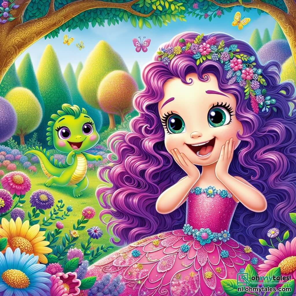 Prinses Lila, een jong meisje van ongeveer 8 jaar, heeft lange, krullende paarse haren en draagt een roze jurk versierd met glinsterende bloemen. Ze heeft een grote blije glimlach op haar gezicht, die haar enthousiasme toont terwijl ze speelt in de magie van de natuur. Naast haar staat Pluim, een grappige draak van ongeveer 3 jaar, met groene schubben en veervormige oren. Hij heeft sprankelende, ondeugende ogen en een stralende glimlach, verstopt achter een grote blauwe bloem, klaar om te springen voor een grap. De scène speelt zich af in een prachtige betoverde tuin, vol kleurrijke bloemen die dansen op de wind. Majestueuze bomen met gouden stammen staan eromheen, en kleurrijke vlinders fladderen vrolijk in de lucht, wat een vleugje magie aan de omgeving toevoegt. De hoofdactie toont prinses Lila die verstoppertje speelt met Pluim, lachend terwijl ze probeert hem te vinden. Ze telt, terwijl Pluim zich achter de bloem verstopt, klaar om tevoorschijn te komen en de prinses aan het lachen te maken met zijn capriolen.