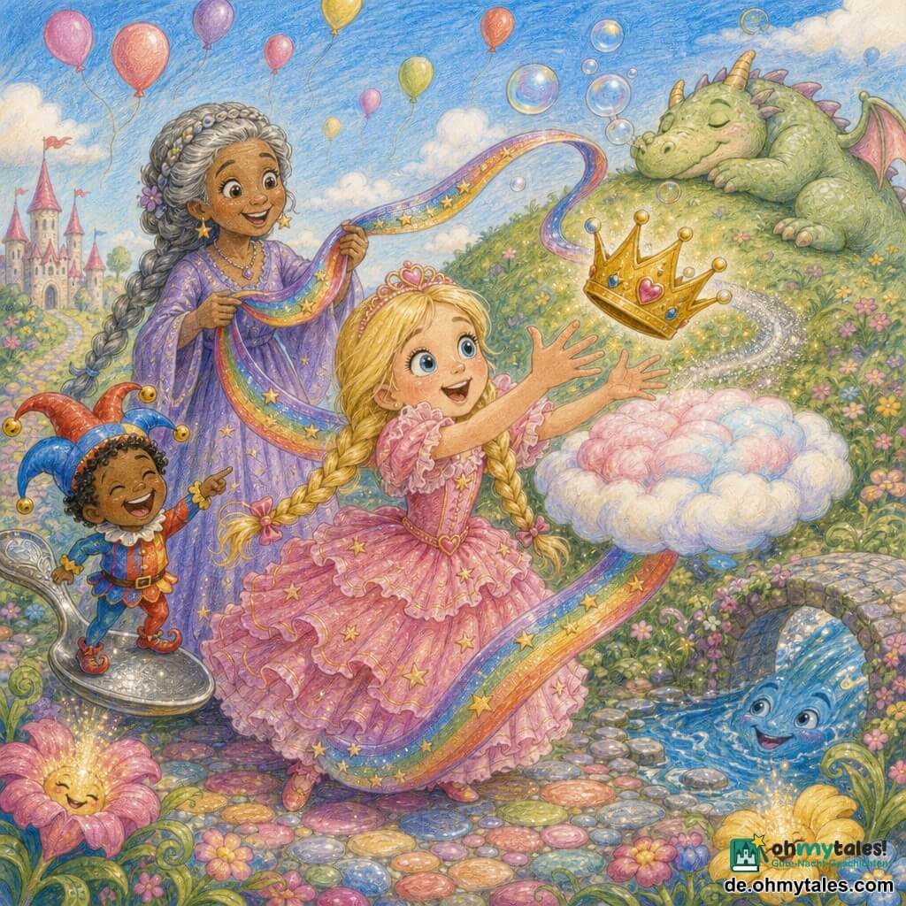 Eine lächelnde, überraschte Prinzessin mit blonden Zöpfen in einem rosa Rüschkleid mit kleinen goldenen Sternen streckt die Hände nach einer kleinen, glänzenden goldenen Krone aus, die rollt und eine Spur silberner Glitzer hinterlässt; links steht auf einem riesigen Löffel ein winziger Narrjunge (ca. 7) mit rotgeglöckeltem Dreispitz und lacht, während er die Richtung zeigt; hinter der Prinzessin hält eine alte Fee mit grau geflochtenem Haar und lavendelfarbenem Kleid ein langes Regenbogenband mit kleinen Sternen und reicht es zur Krone; im Hintergrund liegt auf einer grasbewachsenen Hügel ein schlafender, zarter grüner Drache wie ein Kissen und pustet Seifenblasen aus der Nase; die Szene spielt in einem verwunschenen Garten mit bunten Pflastersteinen, rosa und gelben Blumen, die funkelnden Staub abgeben, einem lächelnden Bächlein und blauem Himmel mit Luftballons und zeigt den fröhlichen Moment, in dem die Prinzessin die Krone beinahe auf einem Wolken- und Zuckerwattekissen fängt, während das Regenbogenband um sie tanzt.