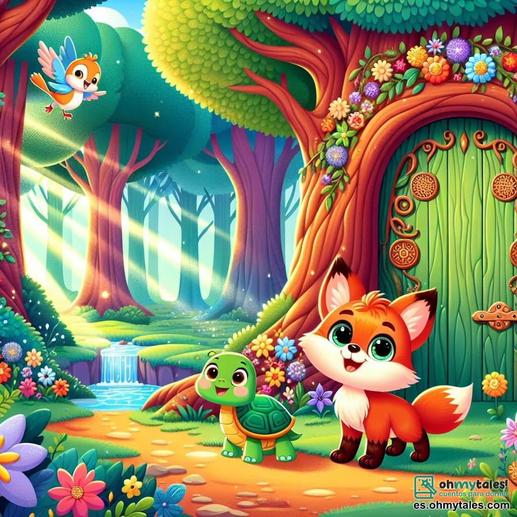 Un pequeño zorro llamado Rufi, con un pelaje naranja brillante y ojos llenos de curiosidad, se encuentra frente a una gran puerta de madera decorada con motivos coloridos en un majestuoso árbol. Sonríe ampliamente, listo para explorar. A su lado, una tortuga llamada Lila, con un caparazón verde y ojos dulces, mira la puerta con asombro, sus patas delanteras apoyadas en el suelo, llena de entusiasmo. Un pequeño pájaro azul, Pío, vuela alegremente sobre ellos, con las alas extendidas, cantando con emoción. El lugar es un bosque encantado, con árboles de troncos gruesos, flores brillantes de todos los colores y un suave rayo de sol filtrándose a través de las hojas. En la distancia, un arroyo brilla, añadiendo un toque de magia al entorno. La escena principal muestra a Rufi, Lila y Pío, reunidos frente a la puerta misteriosa del árbol, listos para entrar en un mundo mágico, llenos de aventuras y promesas.