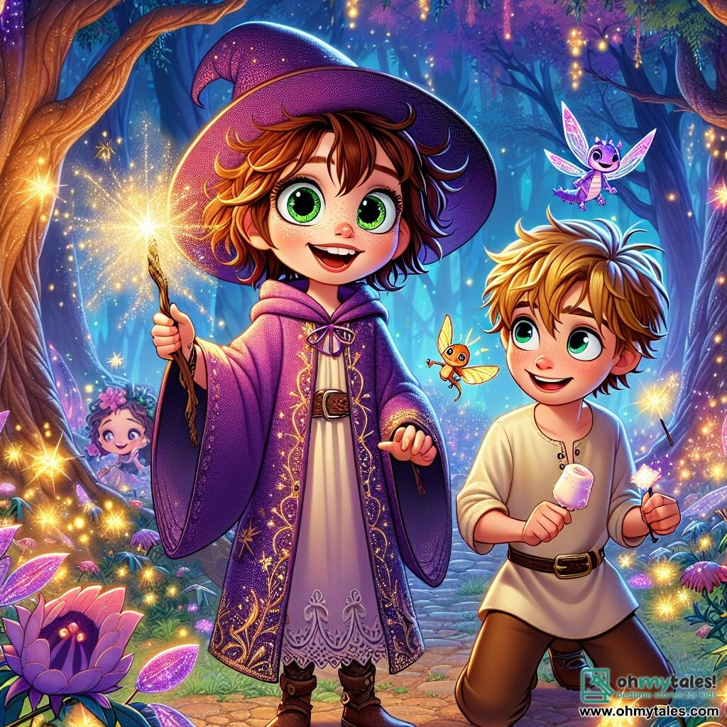 Elara, a 12-year-old young witch, stands at the center of the scene, with messy brown hair and sparkling green eyes filled with excitement. She wears a purple witch's dress adorned with sparkling stars and wields a magic wand that emits bright sparks. Her face shows joyful determination as she prepares to cast a spell. Next to her is Finn, a 10-year-old boy with tousled blonde hair and a wide smile. He wears a simple tunic and holds a small dragon named Pippin, who is round with shiny scales and nibbling on a marshmallow. Finn looks at Elara with admiration, ready to assist her in their adventure. Their setting is the enchanted forest of Luminara, where tall majestic trees have brightly colored shimmering leaves under a purple sky. Glowing flowers and magical creatures, like fairies with sparkling wings, dance around them, adding a touch of enchantment to the atmosphere. The main scene shows Elara and Finn in front of a shimmering door, a magical portal leading them to extraordinary adventures, while a gentle light emanating from the portal draws them in, promising fascinating discoveries and challenges ahead.
