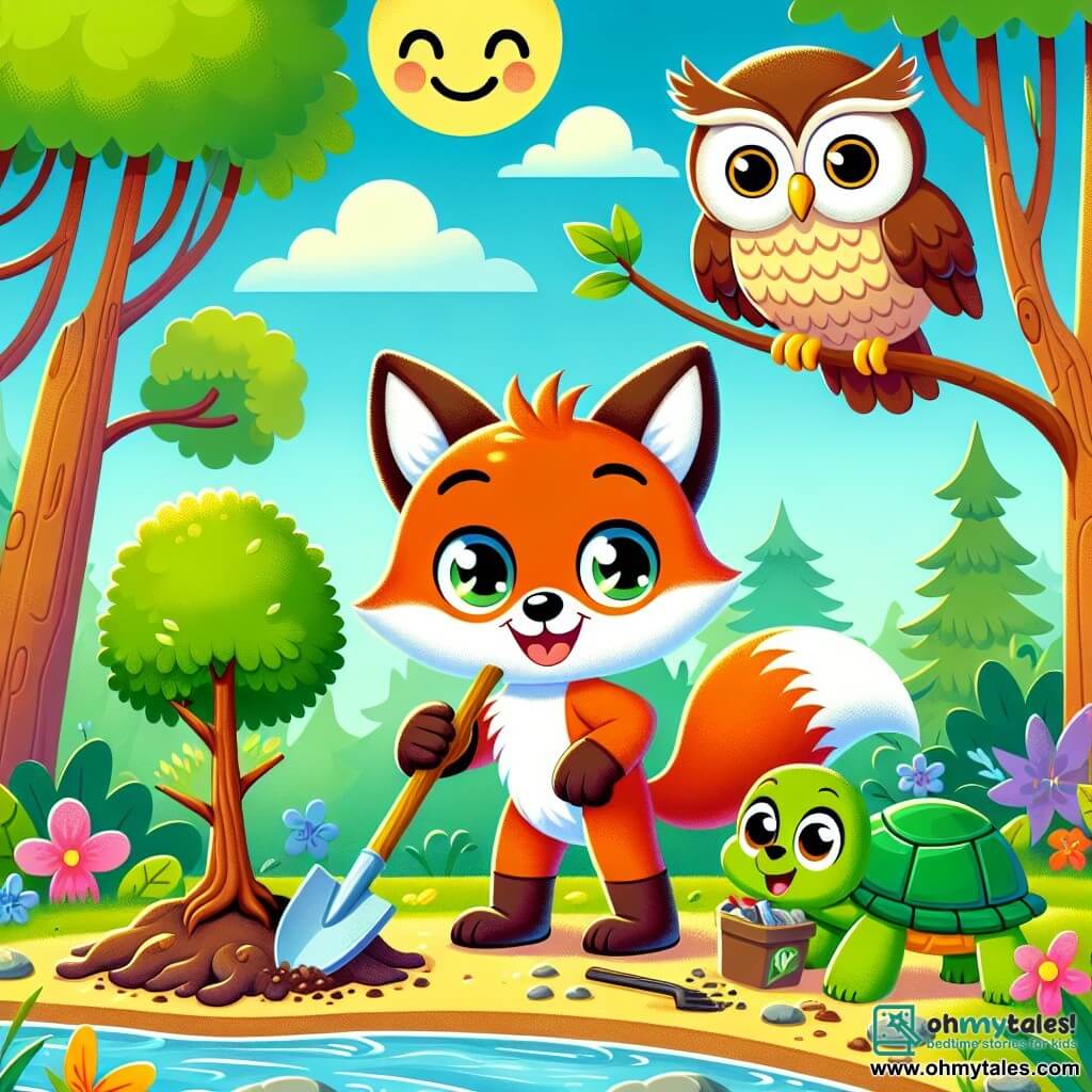 A curious fox with bright orange fur and a fluffy white tail, smiling with sparkling eyes, is planting a young tree in fresh, damp soil. Next to him, a wise owl with brown feathers and round golden eyes perches on a branch, watching with pride and encouragement. A small green turtle, with a shiny shell and mischievous eyes, is picking up litter near a sparkling river. The setting is a lush forest filled with majestic trees and colorful flowers, under a clear sunny blue sky. The main scene shows the three friends enthusiastically working together to care for their environment by planting trees and cleaning the river, creating a joyful and collaborative atmosphere.