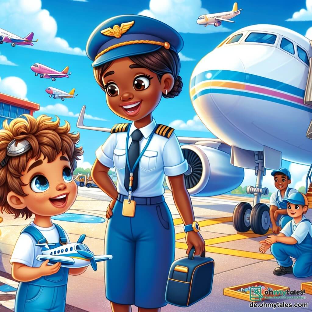 Clara, eine lächelnde Pilotin, trägt eine blaue Pilotenuniform mit einer Mütze, ihre braunen Haare zu einem Dutt gebunden. Sie steht neben ihrem glänzend weißen Flugzeug, mit offenen Armen, strahlend vor Freude und Aufregung, bereit, Kinder für einen Abenteuerflug an Bord zu nehmen. Max, ein etwa 8-jähriger Junge mit zerzausten blonden Haaren und funkelnden Augen, hält ein kleines Flugzeugmodell in seinen Händen. Er steht neben Clara, schaut bewundernd und ungeduldig auf das Flugzeug, ein großes Lächeln im Gesicht. Die Szenerie ist ein belebter Flughafen mit bunten Flugzeugen im Hintergrund, Mechanikern, die an anderen Flugzeugen arbeiten, und einem strahlend blauen Himmel, der mit ein paar flauschigen weißen Wolken übersät ist. Clara erklärt den Kindern, wie sie in das Flugzeug einsteigen können, während Max, fasziniert, aufmerksam zuhört, bereit, seinen Traum zu leben, in den Himmel zu fliegen.