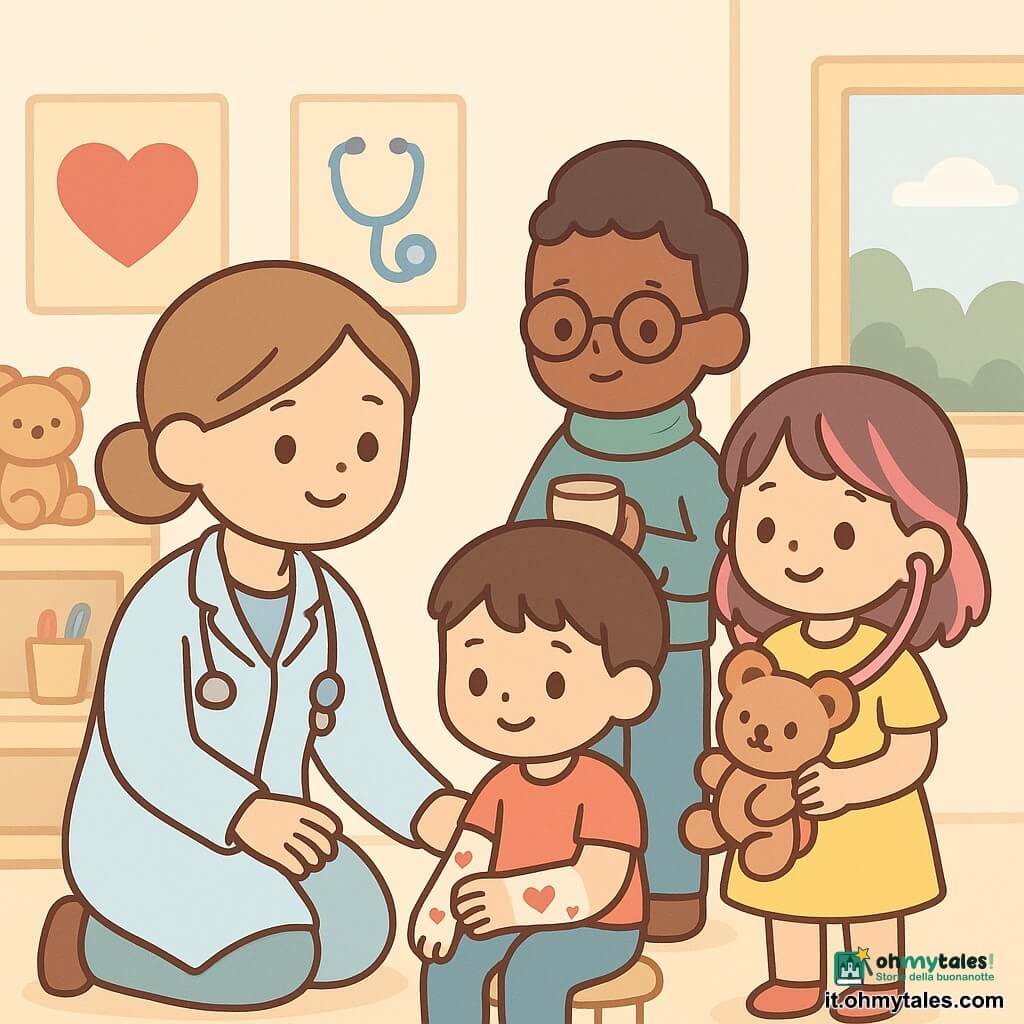 Una dottoressa sorridente, capelli castano chiaro raccolti, volto dolce, occhi tondi, camice azzurro chiaro e stetoscopio argentato, si inginocchia e porge la mano con gentilezza a un bambino. A sinistra Luca, circa 6 anni, capelli castani corti, braccio destro in un gesso bianco con cuoricini rossi, lo tocca curioso; a destra Amira, circa 5 anni, ciocche rosa, tiene uno stetoscopio rosa all'orecchio e ascolta il cuore di un giocattolo, timida e sorridente; dietro Marco, circa 7 anni, occhiali tondi e sciarpa verde, tiene una tazza calda e osserva con calma. Studio luminoso con pareti crema, poster colorati (cuore rosso e pompa blu), scaffali in legno chiaro con peluche e matite e una finestra su un piccolo giardino verde. Scena tenera: la dottoressa rassicura i bambini intorno a un disegno di cuore, atmosfera calda, colori pastello, forme arrotondate ed espressioni chiare.