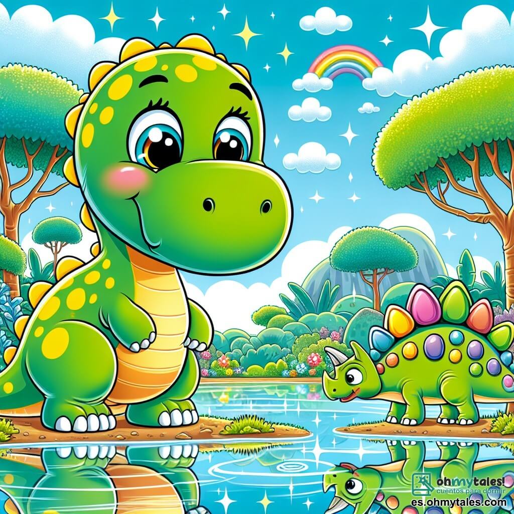 Un diplodocus alegre llamado Dino, con un largo cuello verde y manchas amarillas, está al borde de un lago brillante, sus grandes ojos brillando de asombro. Está mirando su reflejo en el agua, con una amplia sonrisa en su rostro. Junto a él, un estegosaurio llamado Estela, con placas de colores en la espalda y una expresión amigable, se acerca al lago, lista para jugar. Un pequeño triceratops llamado Tico, con cuernos suaves y ojos tristes, se mantiene un poco apartado, buscando a su mamá. El escenario es un paisaje prehistórico vibrante, con árboles gigantes de hojas exuberantes, flores multicolores alrededor del lago y un cielo azul salpicado de nubes esponjosas. La situación principal muestra a Dino y Estela descubriendo el lago mágico, mientras que Tico, que acaba de unirse a ellos, expresa su necesidad de ayuda para encontrar a su mamá.