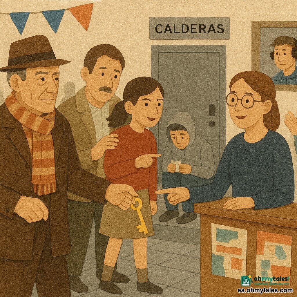 Un detective de unos 50 años, rostro arrugado y mirada vivaz, sostiene una pequeña llave brillante y avanza; una chica de 12 años, coleta y mirada orgullosa, señala al chico culpable junto a su padre; un adolescente de unos 16 años con capucha parcial, apenado y con las manos levantadas, sostiene un paquete de billetes sentado en un peldaño junto a una puerta de servicio; el padre, unos 40 años y con ligera mostacha, preocupado pero aliviado, sujeta la mano de su hija; la directora, unos 45 años, con vestido sencillo y gafas redondas, emocionada y aliviada, recupera el llavero rojo junto al mostrador; el conserje, unos 50 años con mono manchado, gesticula explicándose junto a una puerta marcada "CALDERAS"; un técnico joven de unos 25 años observa desde la cabina de iluminación; lugar: vestíbulo de un centro cultural con suelo de baldosa gris, mostrador de madera con carteles rasgados, puertas metálicas, escalera al sótano, plantas de papel y banderines; situación: devolución de la llave y confrontación calmada — el detective entrega la llave a la directora, el chico admite su culpa, la chica señala, público difuminado al fondo, personajes en colores cálidos y fondo desaturado.