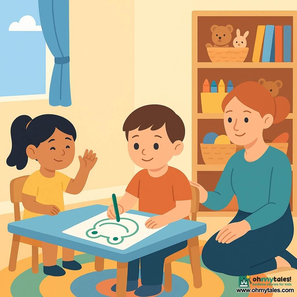 A calm, slightly shy 4-year-old boy, Leo, with a round face, short brown hair and big eyes sits upright on a small chair by a shelf, holding a green crayon and drawing a large green frog on a sheet; nearby, 4-year-old Mia, with black hair in a ponytail, friendly and smiling, sits at a seat by a large left window and waves a small palm greeting, while Ms. Ruby, about 30, with red hair in a bun and a gentle smile, kneels behind Leo with a hand on his chair back encouragingly in a bright nursery classroom with wooden shelves of baskets and toys, colorful crayon boxes, a light-curtained window, a multicolored round rug and pastel low tables, after a small seating dispute—warm atmosphere, soft colors and simple shapes.