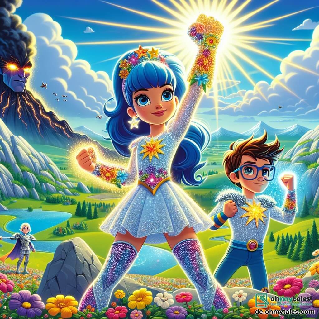 Lila Lichtstrahl, eine Superheldin mit strahlend blauen Haaren und einem leuchtenden Lächeln, steht stolz auf einem Hügel, die Arme zum Himmel erhoben, strahlend vor Licht und lebhaften Farben. Ihr glitzerndes Kostüm, geschmückt mit Blumen- und Sternmotiven, spiegelt ihre Entschlossenheit und Freude wider. An ihrer Seite steht Timo, ein muskulöser Junge von etwa 10 Jahren mit zerzausten braunen Haaren und einem entschlossenen Blick. Er hebt einen großen Stein über seinen Kopf, bereit, ihn als Waffe gegen das Böse zu benutzen. Direkt hinter ihnen passt Tessa, ein 9-jähriges Mädchen mit Brille und roten geflochtenen Haaren, ihr Lichtkanon an, konzentriert und voller Energie. Die Szenerie zeigt eine wunderschöne sonnige Tallandschaft, gefüllt mit bunten Blumen, funkelnden Bächen und majestätischen Bergen am Horizont. Der Himmel ist leuchtend blau, mit fluffigen weißen Wolken. Die Hauptsituation zeigt Lila, Timo und Tessa vereint im Kampf gegen Lord Schatten, eine dunkle und bedrohliche Gestalt, die schwarze Rauchwolken ausstößt. Lila projiziert einen kraftvollen Lichtstrahl, während Timo und Tessa sich bereitmachen, ihr zu helfen, was die Stärke von Freundschaft und Teamarbeit im Angesicht der Widrigkeiten verdeutlicht.