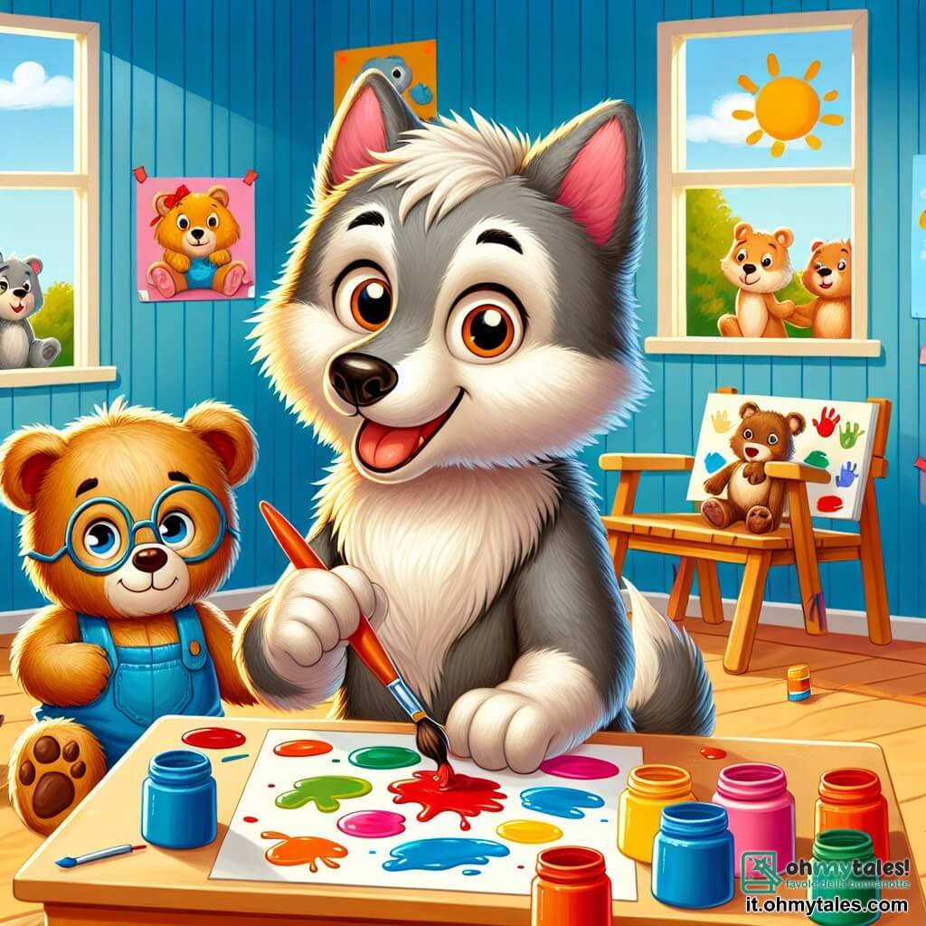 Un piccolo lupo con un pelliccia grigia e occhi brillanti di curiosità è seduto a un tavolo da pittura, un pennello nella zampa, mentre crea un magnifico quadro colorato. Ha un grande sorriso sul volto, mostrando il suo entusiasmo e la gioia di imparare. Accanto a lui, un piccolo orso di peluche, con pelliccia marrone e occhiali rotondi, guarda attentamente il lupo sorridendo, mentre tiene un barattolo di vernice. Sembra felice e incoraggiante, pronto a condividere questa esperienza creativa. Sullo sfondo, un'aula luminosa e accogliente è decorata con disegni di animali e colori vivaci. Grandi finestre lasciano entrare la luce del sole, illuminando le pareti adornate dalle creazioni artistiche degli alunni. La scena principale mostra il piccolo lupo e l'orso intenti a dipingere insieme, circondati da colori vivaci, condividendo risate e idee, illustrando l'amicizia e la creatività che nascono a scuola.