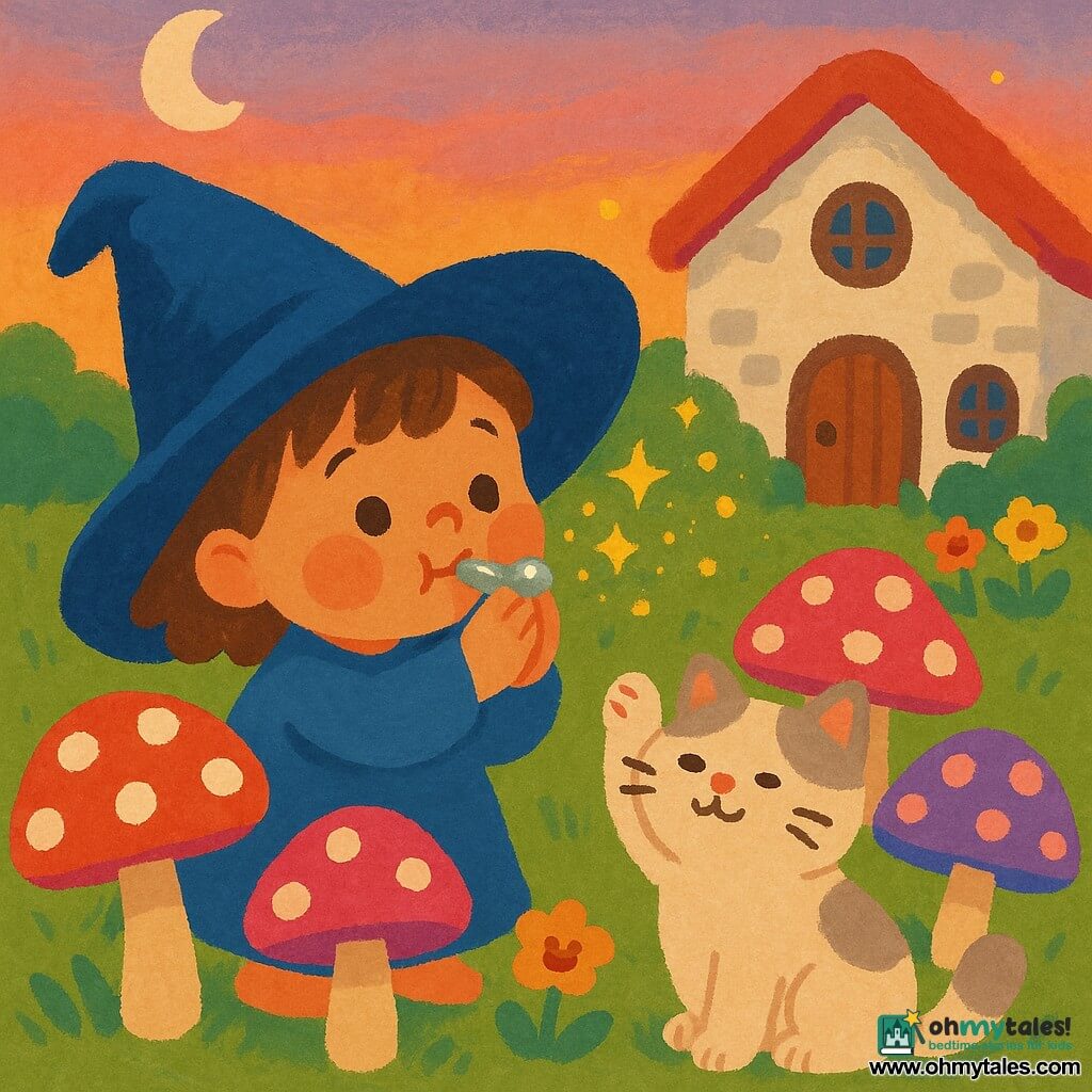 Mia, a joyful curious 3‑year‑old apprentice witch with short chestnut hair and an oversized blue hat falling over her eyes, softly blows a sparkling silver whistle; Puff, a round fluffy cream cat with gray spots, sits beside her blinking and raising a paw toward the whistle; round colorful mushrooms (red, pink, purple with white spots) like little parasols surround them, golden sparks and tiny fireflies drift from the whistle and fall on the mushrooms; a small white stone house with round windows and a tiny garden of tufted grass and smiling flowers sits in the background under a soft twilight sky with a pale moon; gouache style, saturated yet soft colors, visible brush textures, simple strokes and rounded shapes suitable for children.