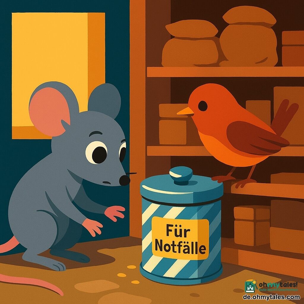 Mika, eine kleine graue Maus mit großen schwarzen Augen und rosa Ohren, hockt zögernd und streckt die Pfote zu einer kleinen glänzenden Metalldose mit lenkradförmigem Deckel; Pippa, ein rötlicher Spatz, sitzt rechts auf einer Holzablage und schlägt aufmunternd mit den Flügeln; die Dose hat Streifen und einen vergilbten Aufkleber „Für Notfälle“, aus einem Riss im Deckel pulsiert ein sanftes Licht und ein leises „piip“; im Hintergrund eine Bäckereihinterkammer mit Holzregalen, Mehlsäcken, gestapelten Kisten, Krümeln auf dem Natursteinboden und einem offenen Fenster mit warmem Spätnachmittagslicht; die Szene zeigt den Moment der Entdeckung und wirkt warm, mit flachen, leuchtenden Farben, einfachen Formen und einer Komposition, die die Figuren und die Dose zentriert.