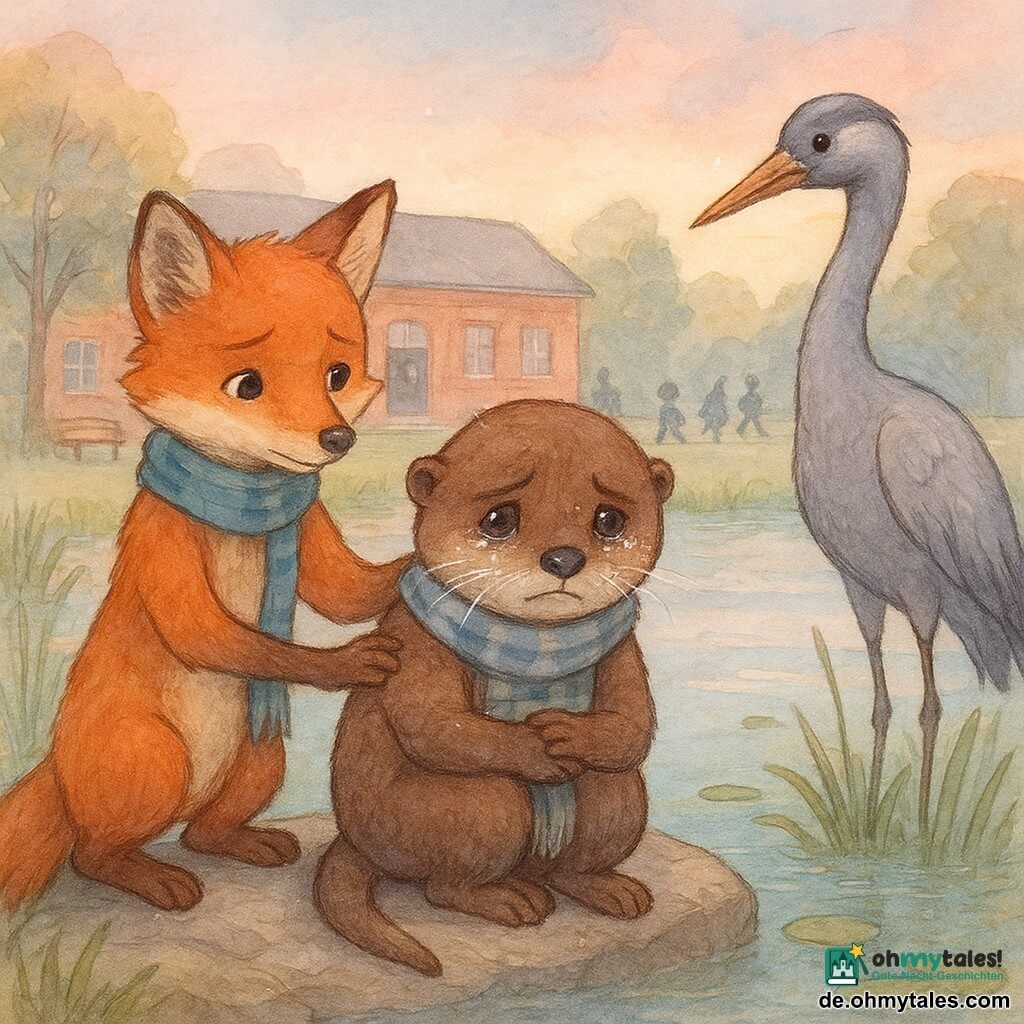 Milo, ein kleiner anthropomorpher Otter, sitzt traurig aber entschlossen auf einem flachen Felsen am Teich, nasses braunes Fell, gestreifter Schal, Pfoten an den Knien; Juna, eine Fuchsschülerin, steht links von Milo, besorgt und zärtlich, legt sanft eine Pfote auf seine Schulter und blickt auf den Teich; Herr Kranich, eine große graue Kranichgestalt, sitzt etwas zurückhaltend rechts, ruhig und aufmerksam, mit einer kleinen Ledertasche; im Hintergrund Schulhof mit rotem Backsteingebäude, geöffneter Tür zum Musikraum und einer Holzbank, verschwommene Tierkinder, die vorbeigehen; der Teich ist still, spiegelt rosafarbene Abendwolken, Schilf und einige schwimmende Blätter, gedämpfte Pastelltöne; emotionale Hauptszene: die Kinder gedenken am Wasser nach dem Tod ihrer Lehrerin, melancholisch aber friedlich, Komposition zentriert auf Milo und Junas tröstende Geste, Aquarelltexturen mit feinen weißen Gelstiftakzenten für Reflexe und Tränen.