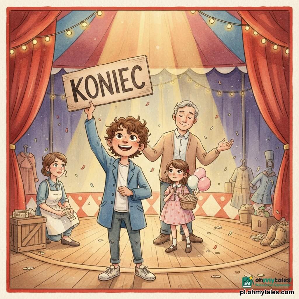 Dziesięcioletni chłopiec z kręconymi brązowymi włosami w za dużej niebieskiej kurtce trzyma dużą kartonową tablicę z napisem FIN; obok, nieco w tyle po prawej, dziewięcioletnia Lila w sukience w groszki sprzedaje popcorn i trzyma koszyk z różowo-białymi balonami; pośrodku, nieco z tyłu, około czterdziestoletni pan Bąbel z siwymi włosami i miękkim kardiganem uspokajająco pokazuje artystom, jak oddychać; po lewej, około trzydziestoletnia Wera w fartuchu kuca przy kasie i rozdaje bilety; scena wewnątrz kolorowego dużego namiotu cyrkowego z drewnianą podłogą, czerwonymi kotarami, ciepłymi światełkami, porozrzucanymi kostiumami i delikatnym konfetti na podłodze — spokojny, radosny moment tuż przed finałem, miękkie złote światło i atmosfera oczekiwania.