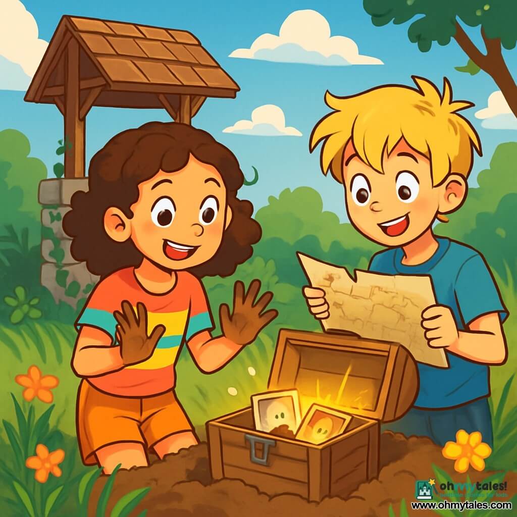A 12-year-old girl, Anna, with curly brown hair and sparkling curious eyes, stands in front of an old stone well, her face lit up with excitement and determination. She wears a colorful t-shirt and shorts, her hands covered in dirt from her adventure. Next to her, her friend Max, also 12, with messy blond hair and a wide smile, gazes at the well with wide eyes, holding a treasure map. The well is surrounded by tall green grass and climbing ivy, while colorful wildflowers add a magical touch to the scene. The deep blue sky is dotted with fluffy white clouds, and sunlight filters through the tree branches, creating dancing shadows on the ground. Anna and Max are discovering a hidden treasure, an old wooden chest partially buried in the ground, with glimmers of golden light shining from inside, revealing old photos and a mysterious locket.