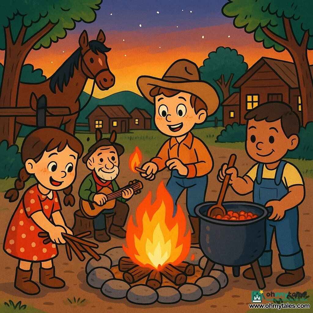 The main character is a ~10-year-old freckled, round-faced boy in a beige cowboy hat and dusty boots, smiling with bright eyes as he lights a crackling campfire; to his left Millie (9) with brown braids in a red polka-dot dress adds dry twigs, and to his right Sam (11), stocky with short hair in blue overalls, stirs a large pot of beans with a ladle; Old Pete (about 60), with a wrinkled face, creased hat and wooden guitar, sits on a stump behind them playing with a gentle, mischievous expression; a brown horse named Blaze with a black mane stands tied to a fence in the background; the clearing by a small wooden village has dusty ground, a stone fire ring, lit cabin windows and an orange-purple sunset sky with early stars, creating a warm, convivial campfire evening of yellow-red flames, sparks and faces lit by firelight as the group shares food, music and smiles.
