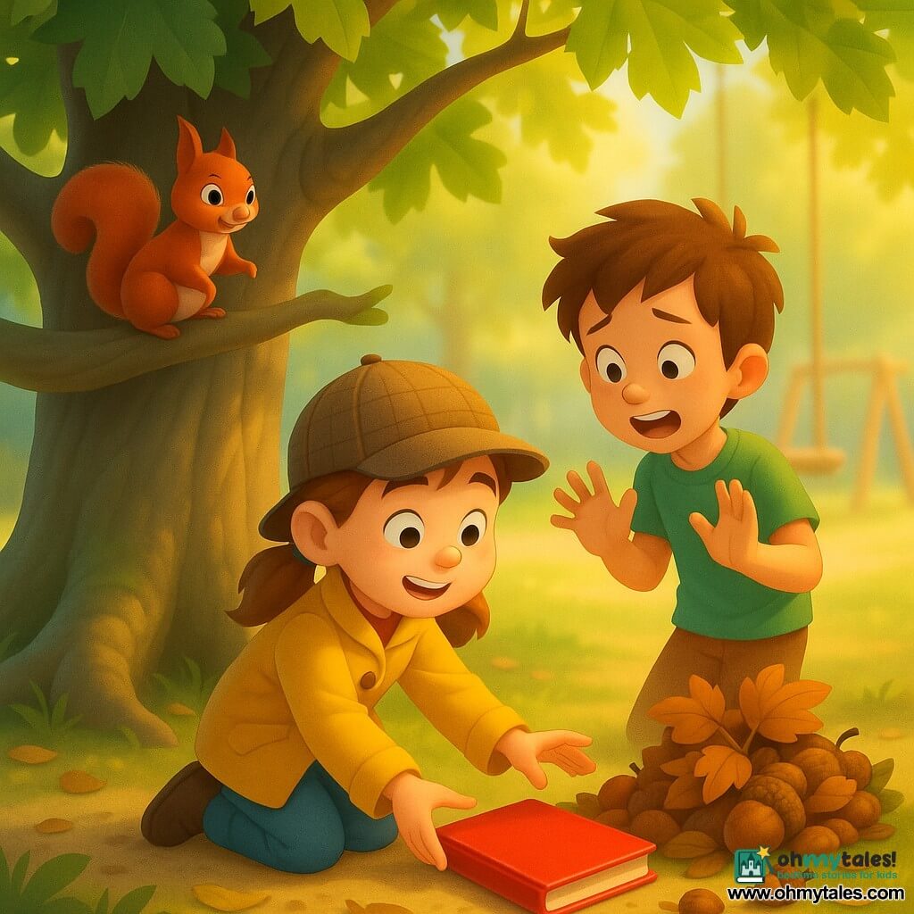 An excited, focused 8-year-old girl with a round freckled face and light brown pigtails, wearing a detective cap and yellow coat, kneels to grab a shiny red notebook; an anxious-then-relieved 8-year-old boy with tousled brown hair in a green T-shirt stands beside her with hands raised toward the found notebook; a small red squirrel (Nutty) with bright eyes and a bushy tail perches on a low branch nearby, mischievous, by a pile of collected objects and acorns hiding the notebook; in the background a large gnarled maple with visible roots, green leaves, dappled shade, a wooden swing and blurred playground, the ground covered in leaves and acorns; main scene: joyful discovery of the red notebook in a hideout under the tree, soft morning light, warm colors, crisp textures, light curious adventure mood.