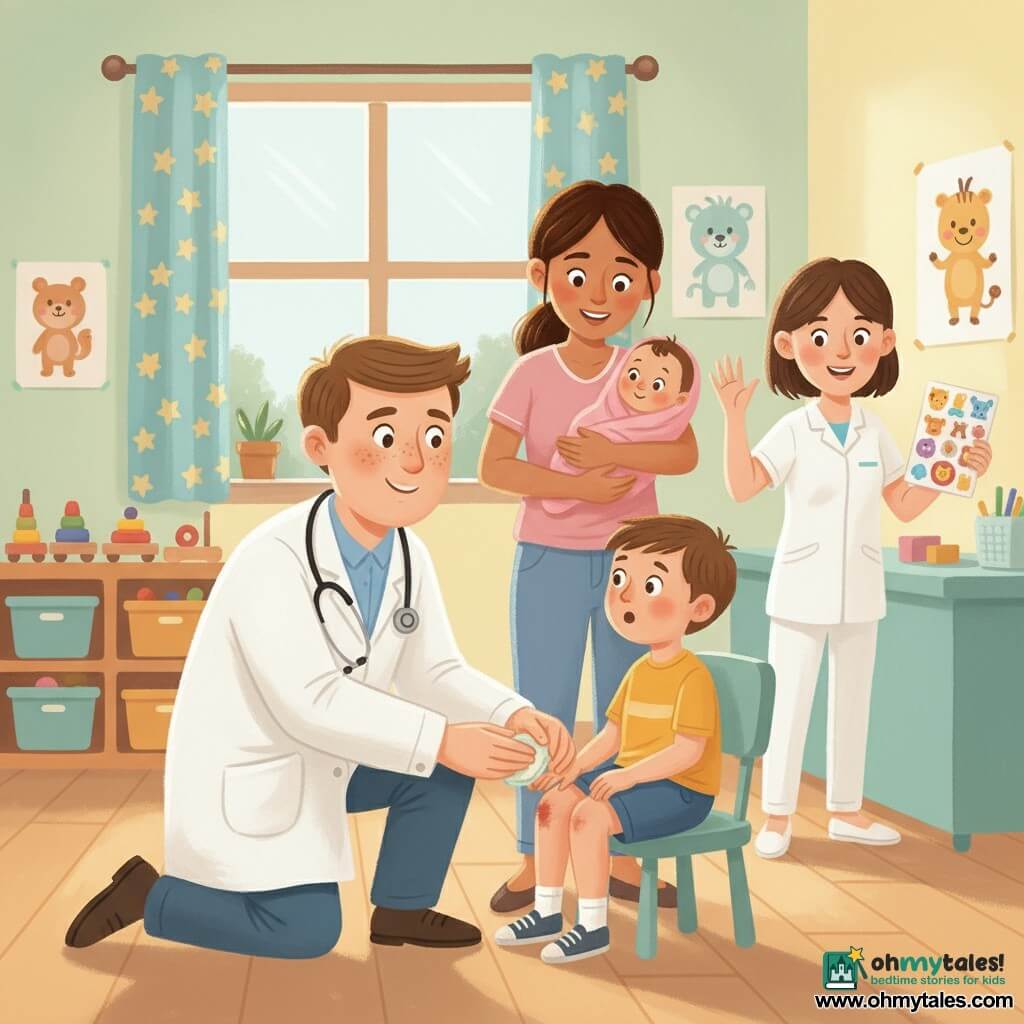 A kind-looking male doctor about 35, round face, fair skin with freckles and short brown hair, kneels to gently clean a small bandage with a compress; a surprised-but-reassured 5-year-old boy in blue shorts with a scraped knee sits on a small chair facing him; a 30-year-old mother with olive skin and tied-back long hair stands smiling while holding a swaddled 9-month-old baby girl in a pink blanket; a 28-year-old nurse in white stands near the counter waving and holding a sheet of colorful stickers; the bright consultation room has pale yellow and mint walls, a large window with a star-pattern curtain, wooden toys on a shelf and simple smiling animal posters; the scene is a tender, calm morning-moment centered on the caring exchange between doctor and child, warm colors and soothed expressions.