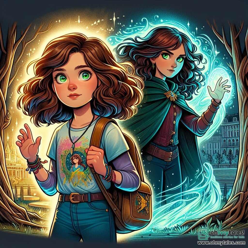 In the center of the image, a determined 12-year-old girl named Lila stands confidently. She has long, slightly wavy brown hair and sparkling curious eyes. She wears a colorful t-shirt and jeans, with a backpack full of books slung over one shoulder. Her face shows a mix of courage and excitement as she prepares to defend her city's magical barrier. Next to her is Aria, a mysterious girl of about 12, standing confidently with messy bright green hair and deep green eyes that seem to glow with magical energy. She wears a cape woven from threads of shadow and light and raises her hands, ready to cast a spell to strengthen the barrier. In the background, the urban park is bathed in the golden light of dusk. Gnarled trees surround a shimmering barrier that pulses with a bluish glow, contrasting with the looming threatening shadows. Children play in the distance, but the atmosphere is tense, as if the whole world is holding its breath. The main scene shows Lila and Aria united, focused on protecting the magical barrier that separates their city from dark forces, as dark silhouettes emerge from the shadows, threatening to disrupt the park's tranquility while Lila and Aria prepare to defend their world with bravery and magic.