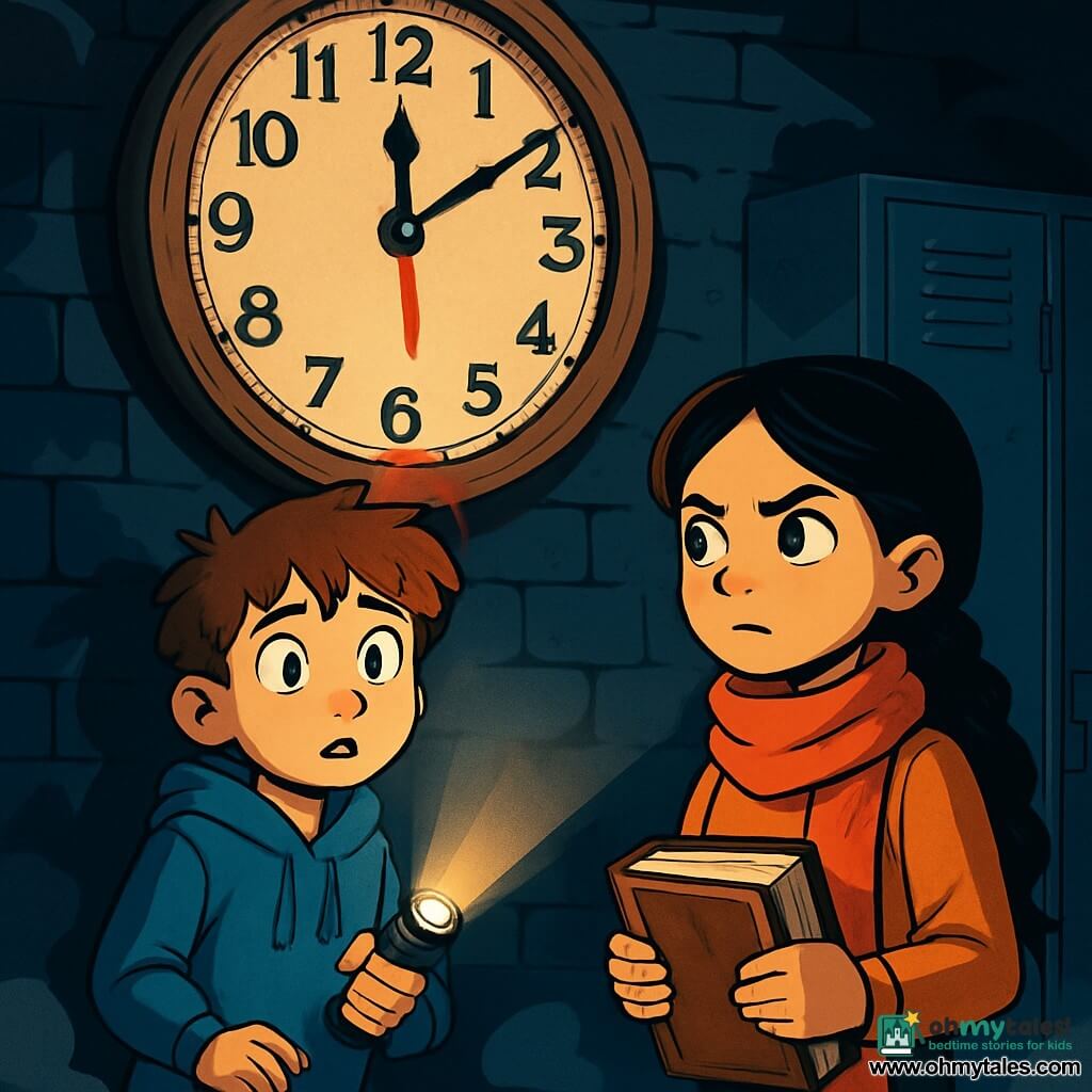 A 12-year-old boy, Jamie, with messy brown hair and wide eyes filled with wonder and fear, stands in front of a large antique clock. He wears a blue hoodie and ripped jeans, his hands trembling slightly as he holds a small flashlight that faintly illuminates the clock's face. Next to him, Aria, a 12-year-old girl with long braided black hair, wears a bright red scarf and looks at the clock with a determined expression. She holds an old book in her arms, as if ready to read an incantation. The setting is the hall of an old school, with dark brick walls, rusty lockers, and a massive clock above them, its hands frozen at 12:17. Shadows dance around them, creating a mysterious and slightly eerie atmosphere. The main situation shows Jamie and Aria discovering a mysterious red stain oozing from the clock, while a light fog rises from the ground, adding a touch of mystery to their nighttime adventure.