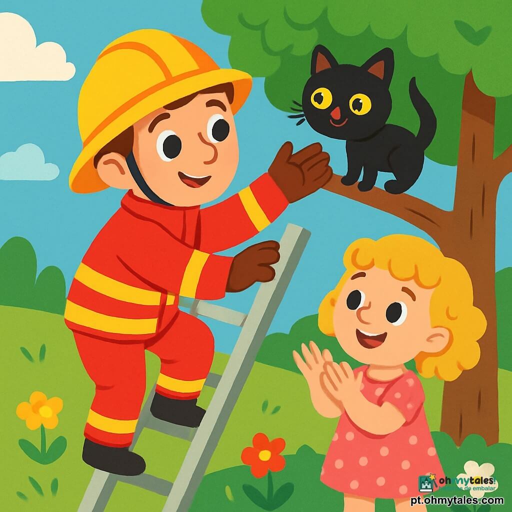 Um jovem bombeiro sorridente, com um capacete amarelo brilhante e um macacão vermelho, está subindo uma escada para salvar um gatinho. Seu rosto expressa determinação e suavidade, com olhos brilhantes de bondade. Ao lado, uma menina de 6 anos, com cabelos loiros e cacheados, aplaude entusiasticamente, vestindo um vestido rosa com bolinhas. Ela está perto de uma árvore, admirando o bombeiro. O local é um jardim verdejante, cheio de flores coloridas e uma grande árvore frondosa, sob um céu azul claro com algumas nuvens brancas. A situação principal mostra o bombeiro subindo cuidadosamente na escada, estendendo a mão para o gatinho preto empoleirado em um galho, enquanto a menina sorri e incentiva o bombeiro com gestos alegres.