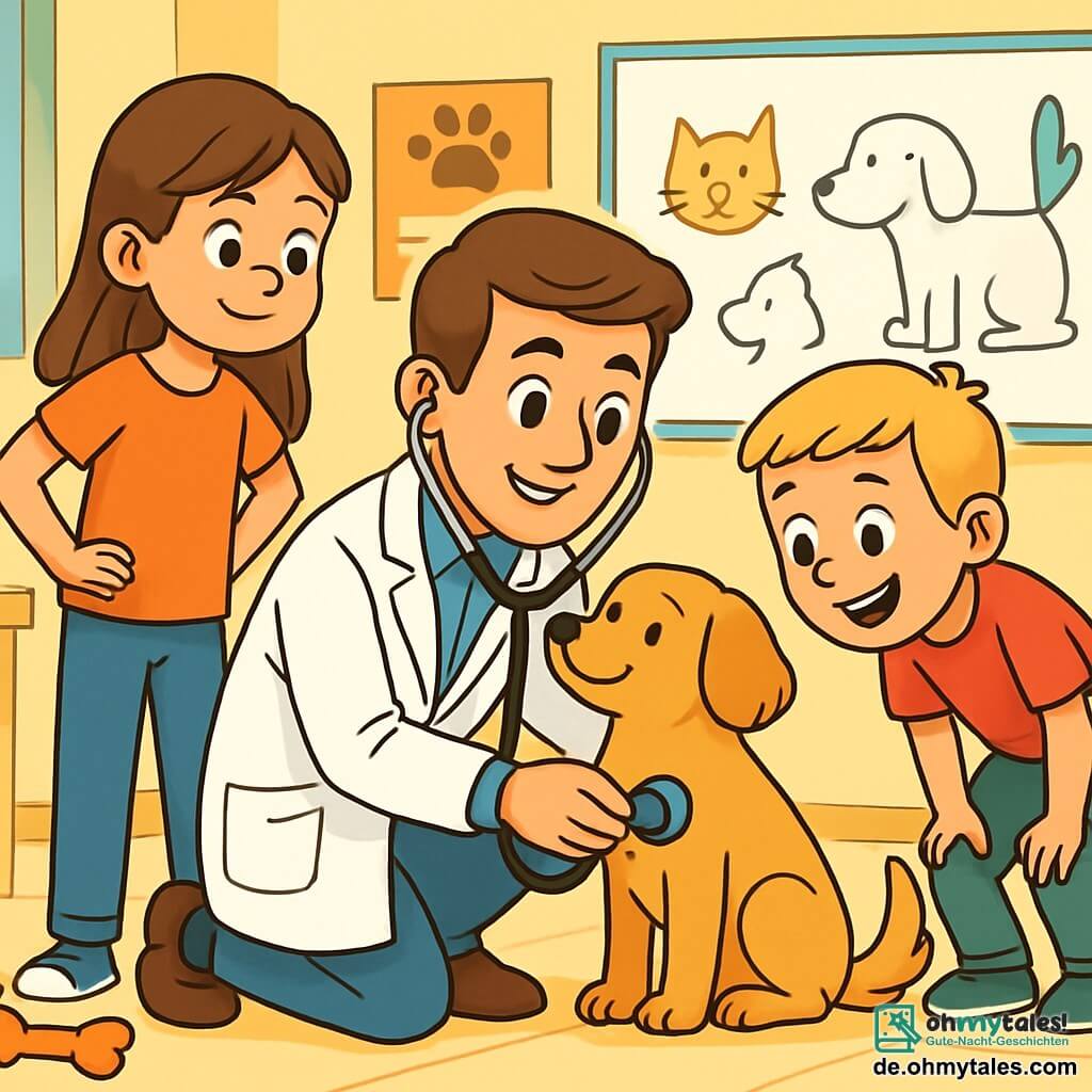 Ein männlicher Tierarzt, Dr. Max, lächelnd und freundlich, mit braunen Haaren und einem weißen Kittel, untersucht einen kleinen, goldhaarigen Hund namens Bello. Er hockt und hält ein Stethoskop, mit funkelnden Augen voller Empathie und Konzentration. Neben ihm beobachtet ein 10-jähriges Mädchen, Lisa, mit langen braunen Haaren, fasziniert und mit den Händen in den Hüften, voller Bewunderung für den Tierarzt. Ein 9-jähriger Junge, Tom, mit kurzen blonden Haaren, lehnt sich neugierig vor, mit einem breiten Lächeln im Gesicht. Die Szene spielt in einem hellen und einladenden Untersuchungsraum, der mit bunten Postern über Tierpflege geschmückt ist, mit verstreuten Spielzeugen auf dem Boden und einer großen Tafel, auf der Tiere gezeichnet sind. Die Hauptsituation zeigt Dr. Max, der das Herz von Bello abhört, während Lisa und Tom, gefesselt, aufmerksam zuschauen und gespannt darauf sind, wie sie den Tieren helfen können.