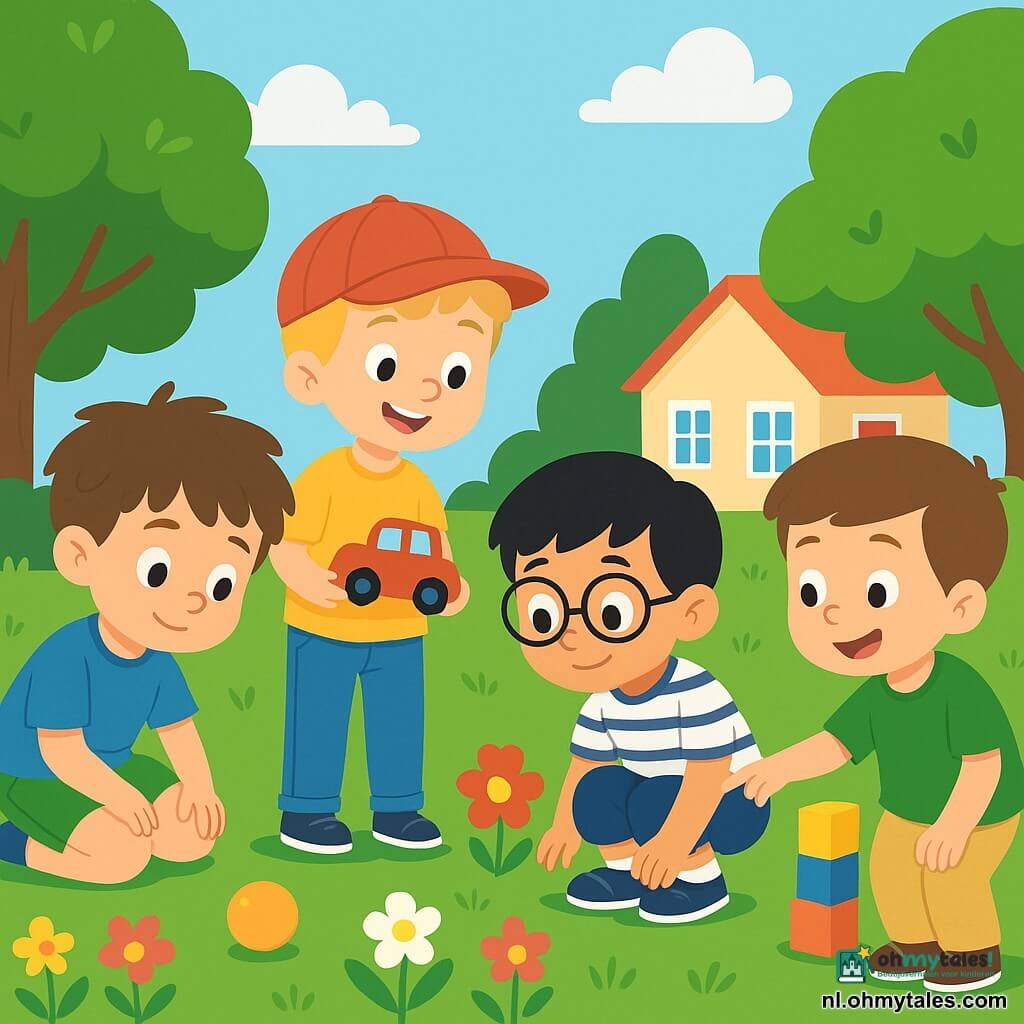 Er zijn 4 kinderen: Tim, een 6-jarig jongetje met rommelig bruin haar, in een blauwe t-shirt en groene shorts, zit in het gras met zijn handen op zijn knieën en een nieuwsgierige blik. Raf, een 5-jarig jongetje met blond haar en een rode pet, draagt een gele t-shirt en jeans, staat met een grote glimlach en houdt een kleine rode bus vast. Sam, een 6-jarige jongen met zwart haar en een bril, in een gestreepte t-shirt en blauwe shorts, hurkt bij de bloemen en kijkt aandachtig met grote ogen. Max, een 5-jarig jongetje met kastanjebruin haar, in een groene t-shirt en beige broek, staat naast Tim en wijst naar een kleine toren van blokken die hij heeft gebouwd. De locatie is een mooie zonnige tuin vol kleurrijke bloemen, groene bomen en een goed onderhouden gazon. Op de achtergrond staat een klein huis met een rode deur en witte ramen, wat een warme sfeer toevoegt. De kinderen zijn bezig met het zoeken naar een verloren bal, ze buigen zich, kijken naar de grond en kijken elkaar aan met vastberaden en blije gezichten, klaar om het mysterie samen op te lossen.